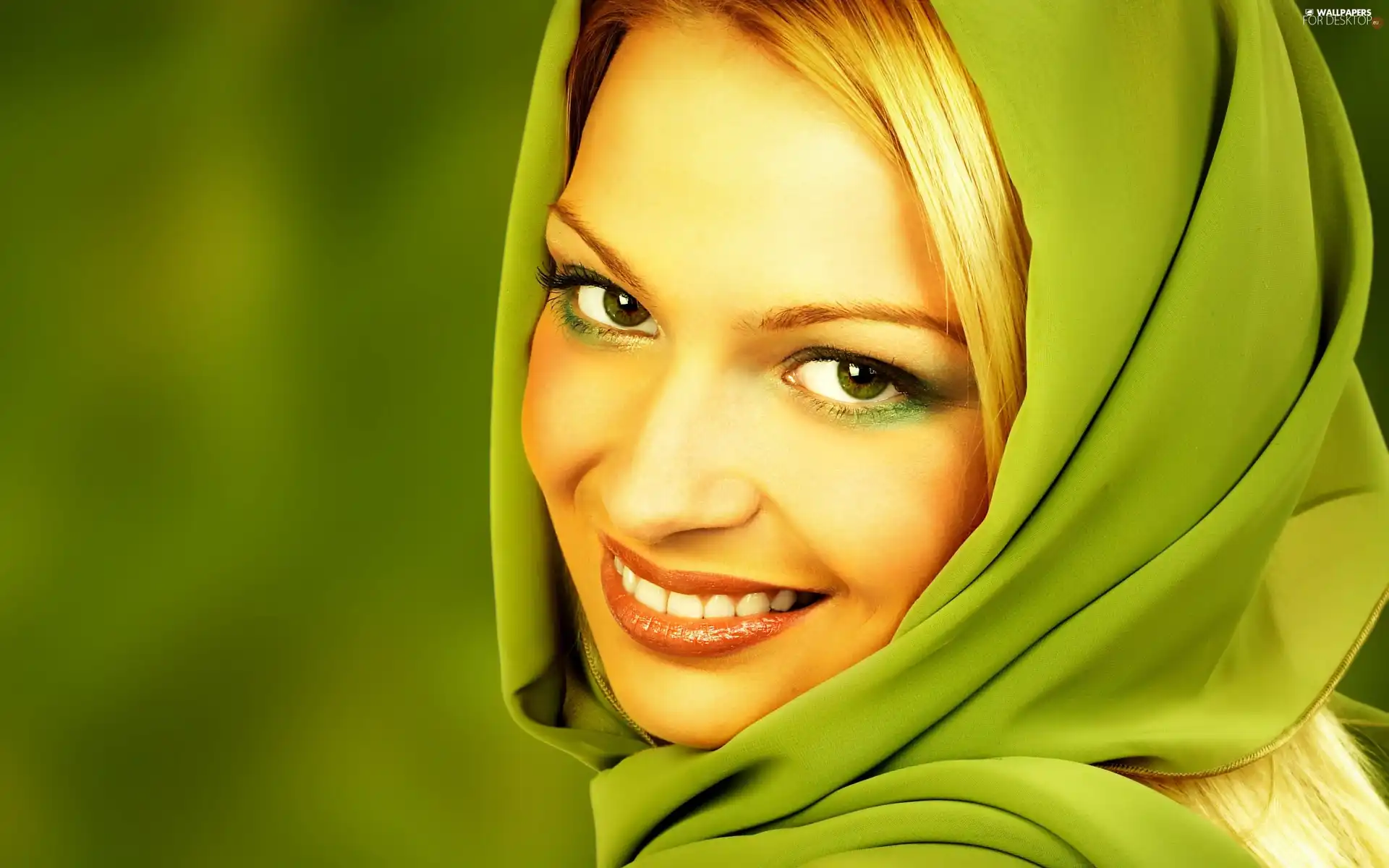 smiling, Green, scarf, Women
