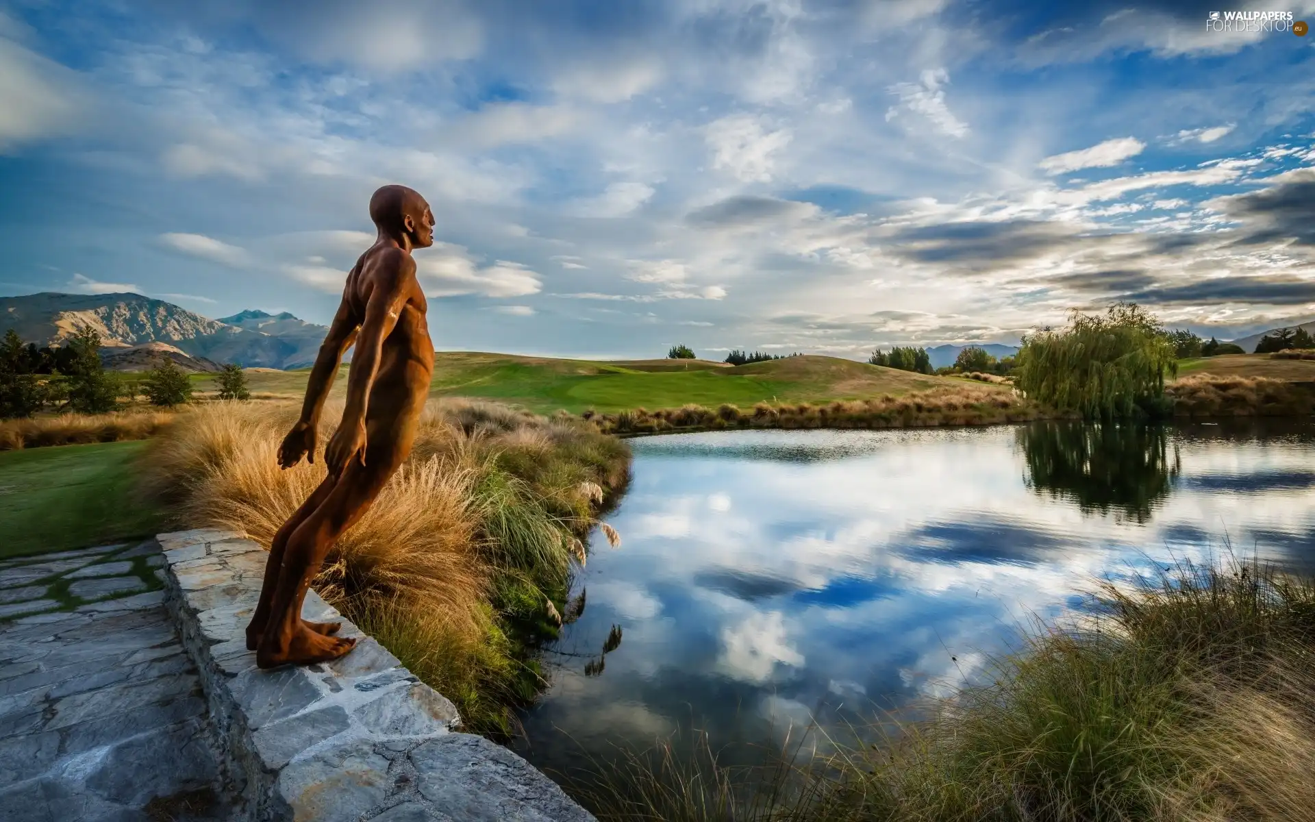 sculpture, Human, lake, grass, Mountains