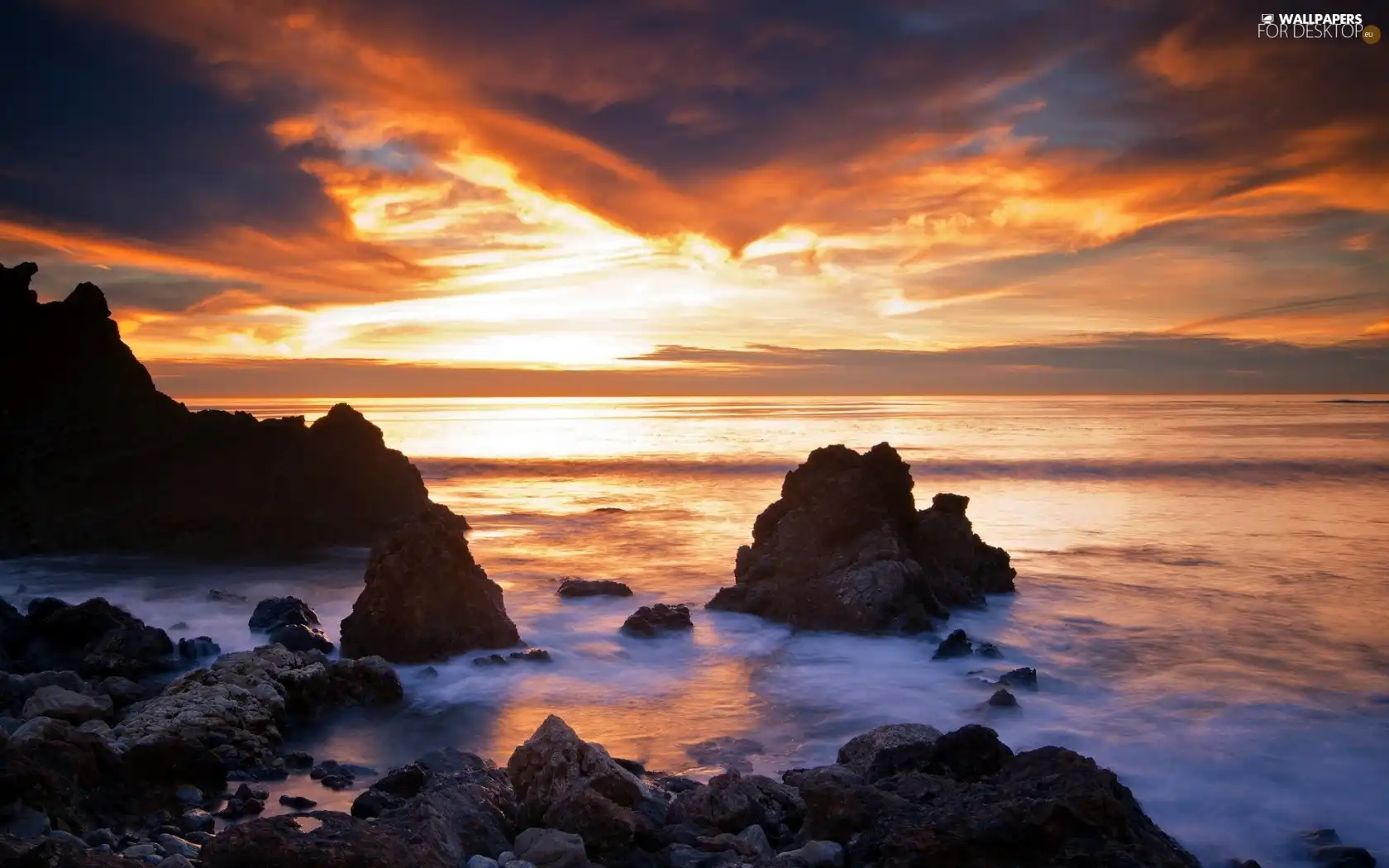 rocks, Great Sunsets, sea