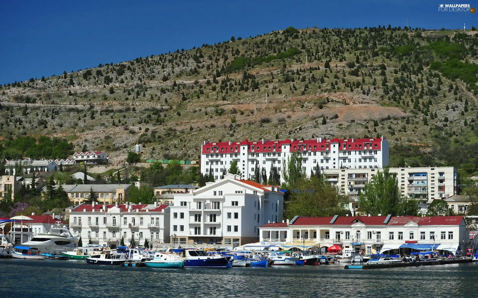 Houses, Balaklava, port, Town, Ukraine, sea, Hill