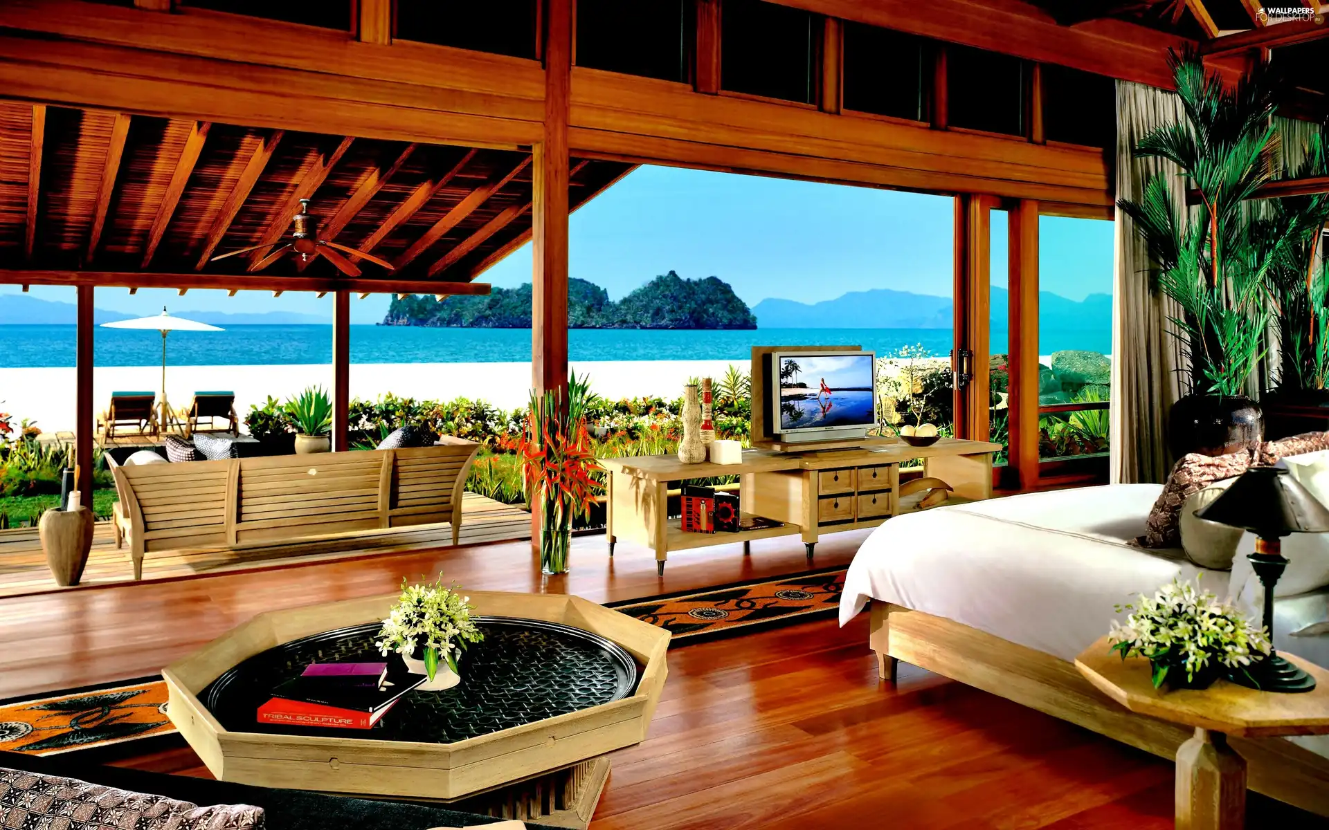 Bedroom, house, sea, Island, terrace, villa