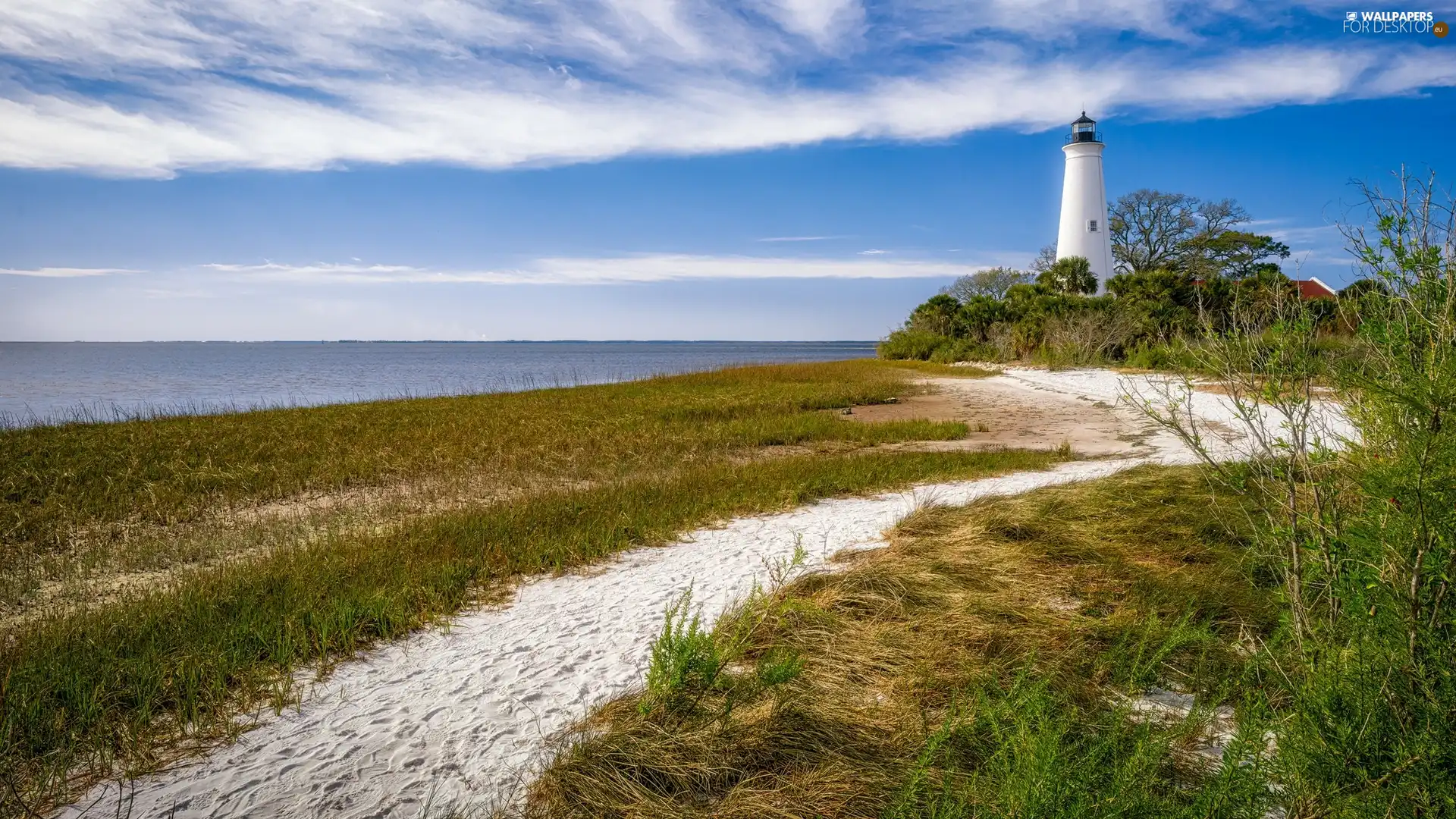 Lighthouses, coast, Path, sea - For desktop wallpapers: 2048x1152