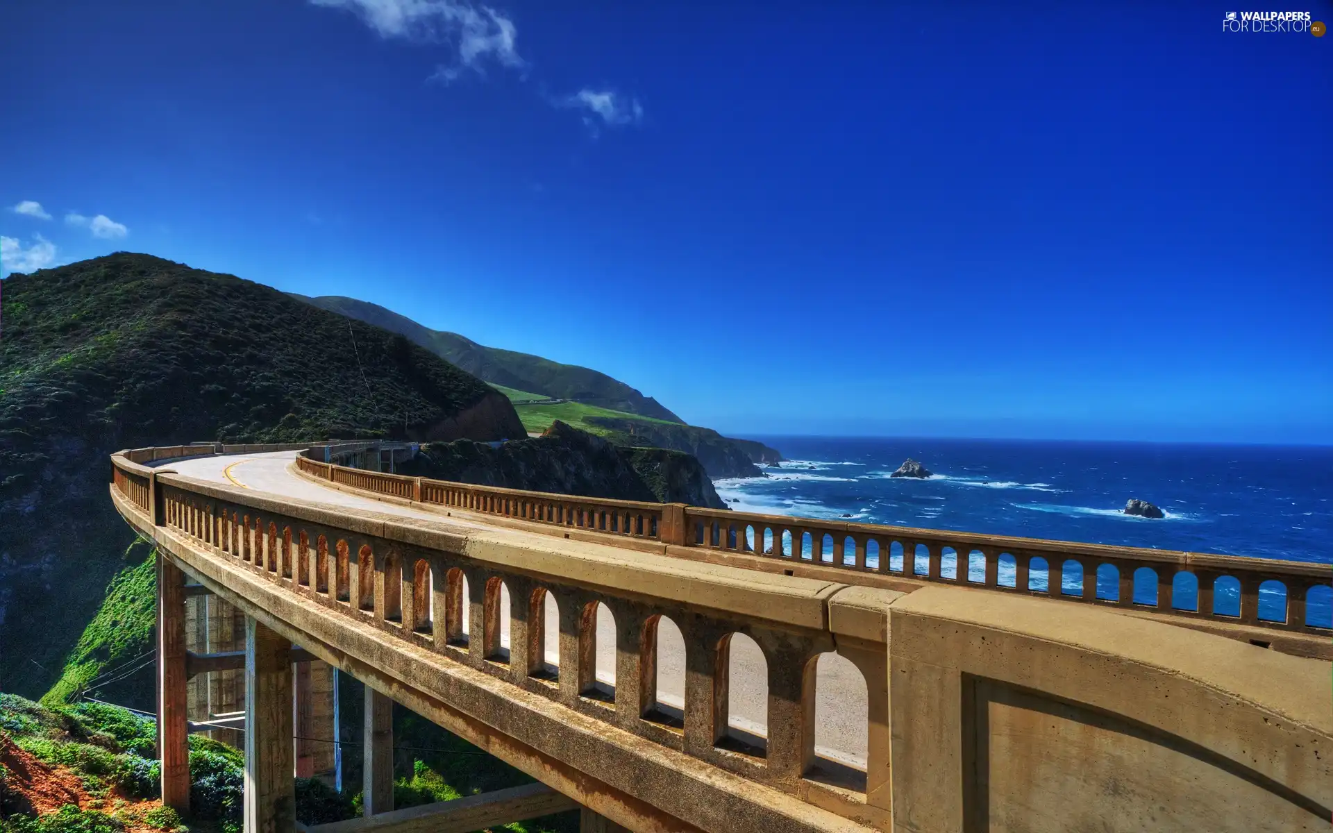 sea, bridge, Mountains