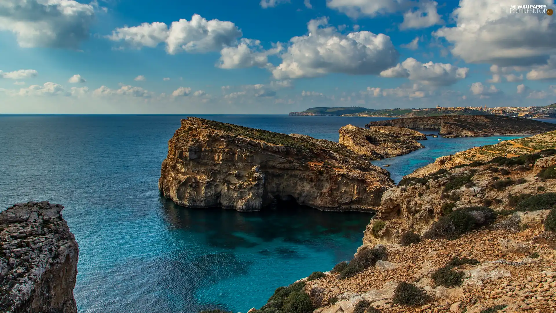 Blue Lagoon, Malta, sea, clouds, rocks