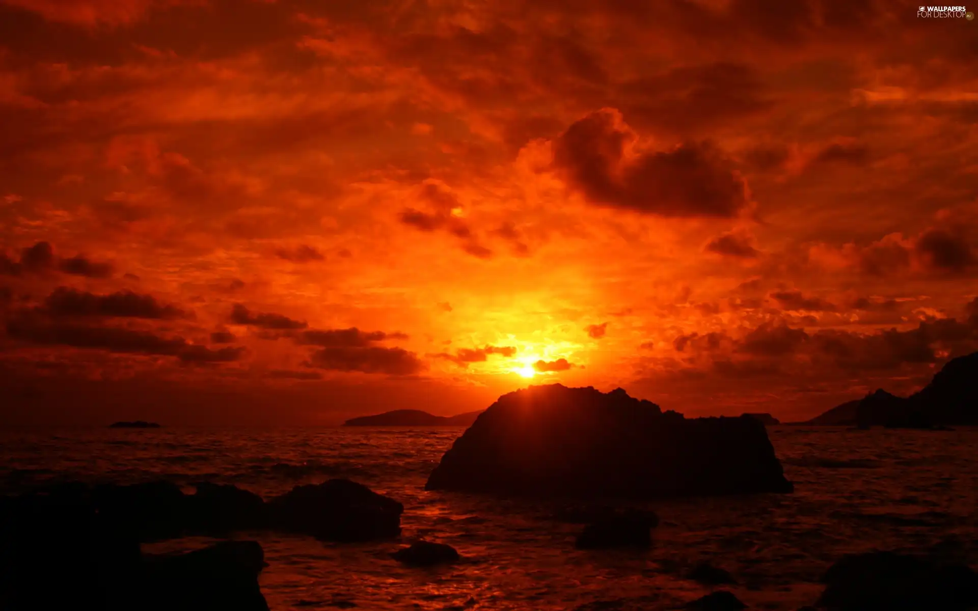 sea, Stones rocks, west, sun, Red