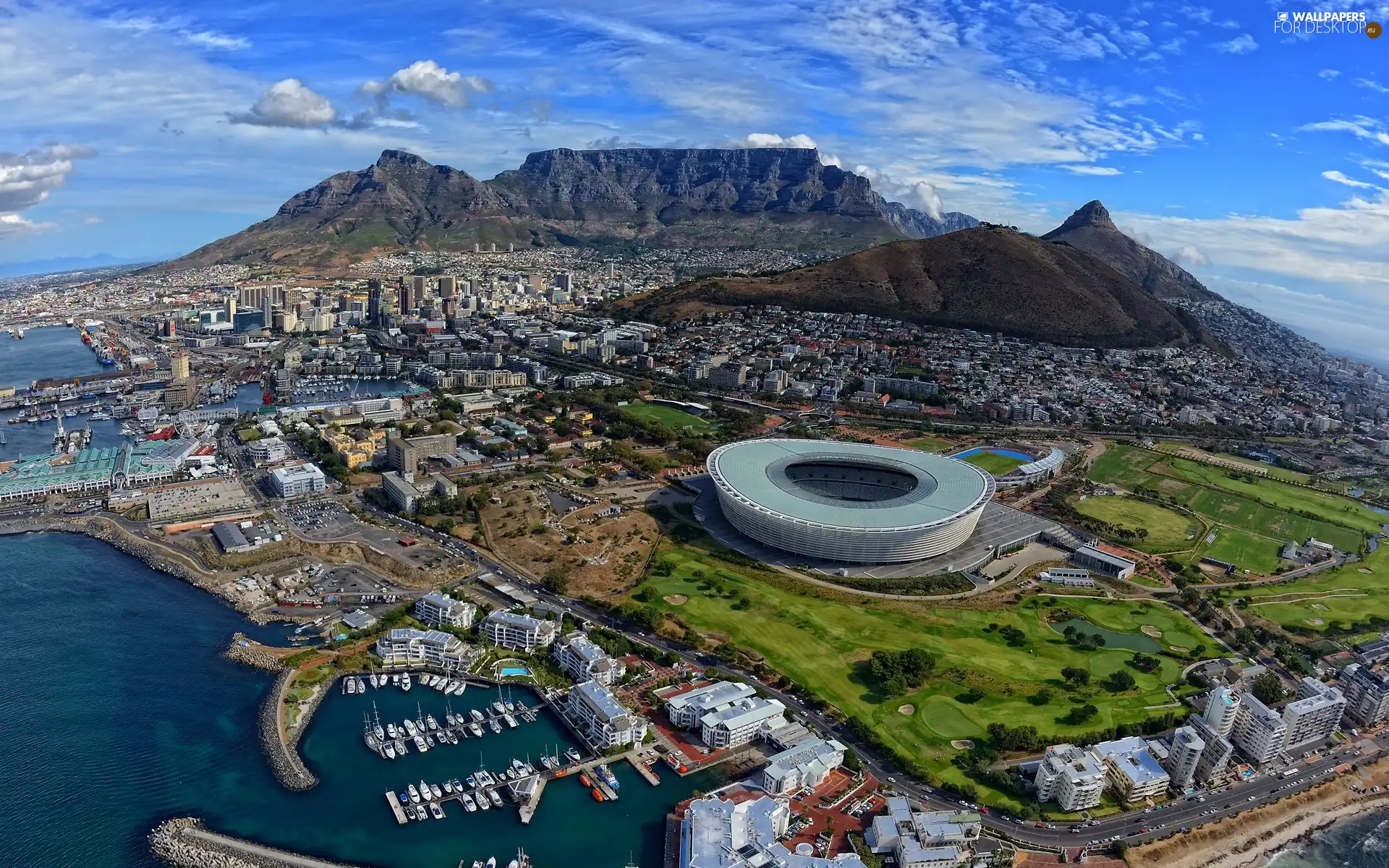 Town, Stadium, sea, Mountains