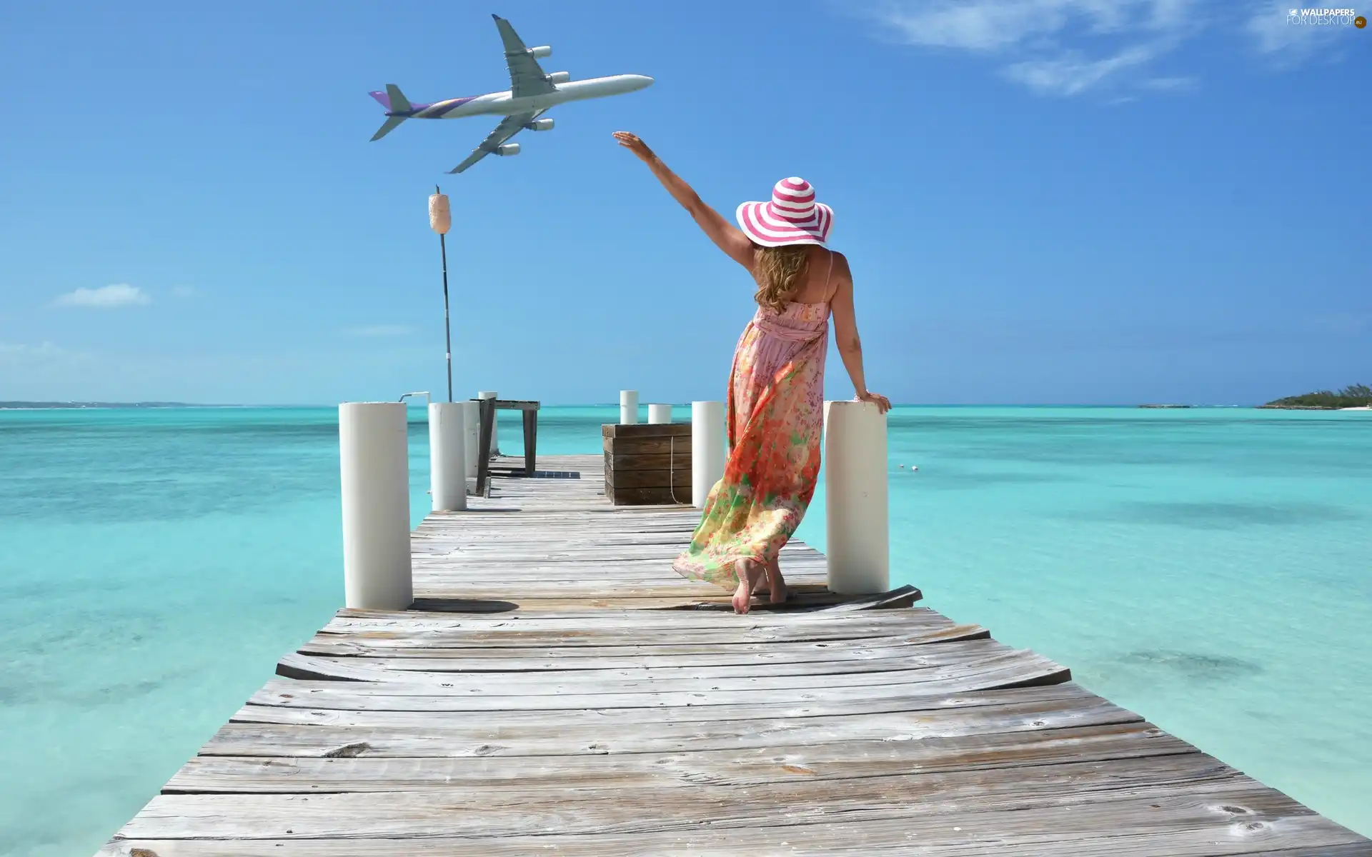 sea, Tropical, pier, plane, Women