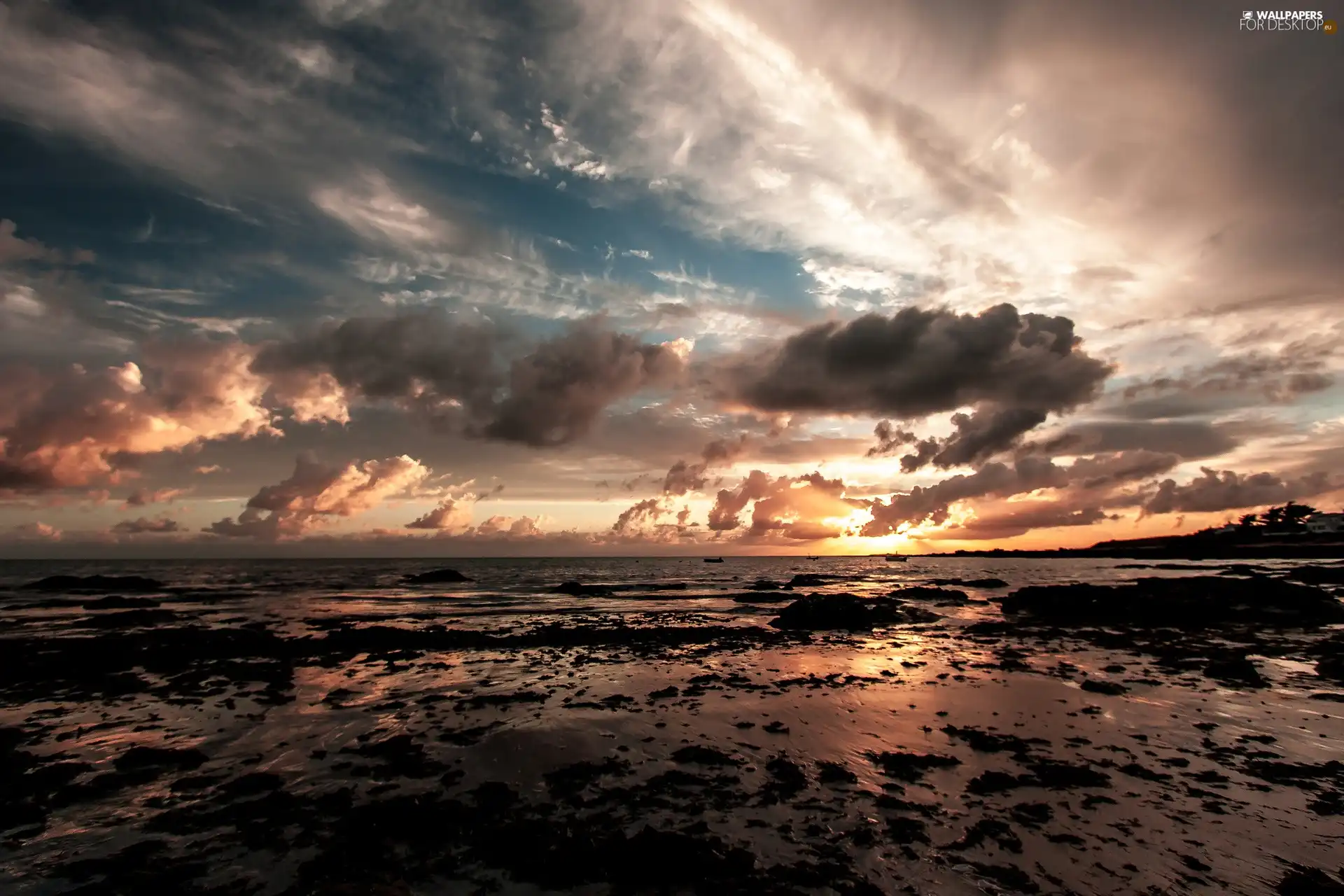 west, clouds, sea, sun