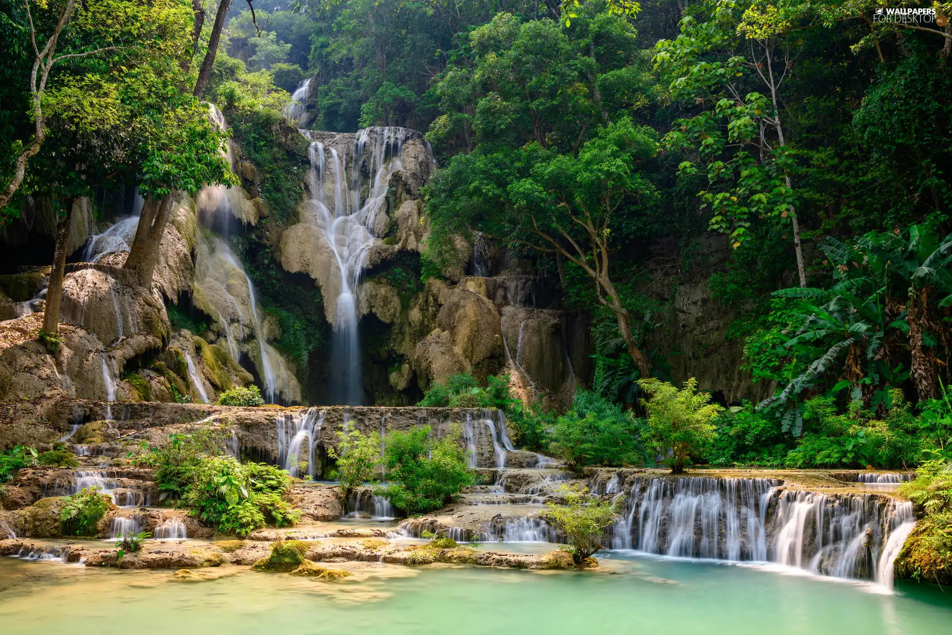 trees, viewes, Laos, rocks, Province of Louangphrabang, forest, Kuang Si Waterfall, cascade