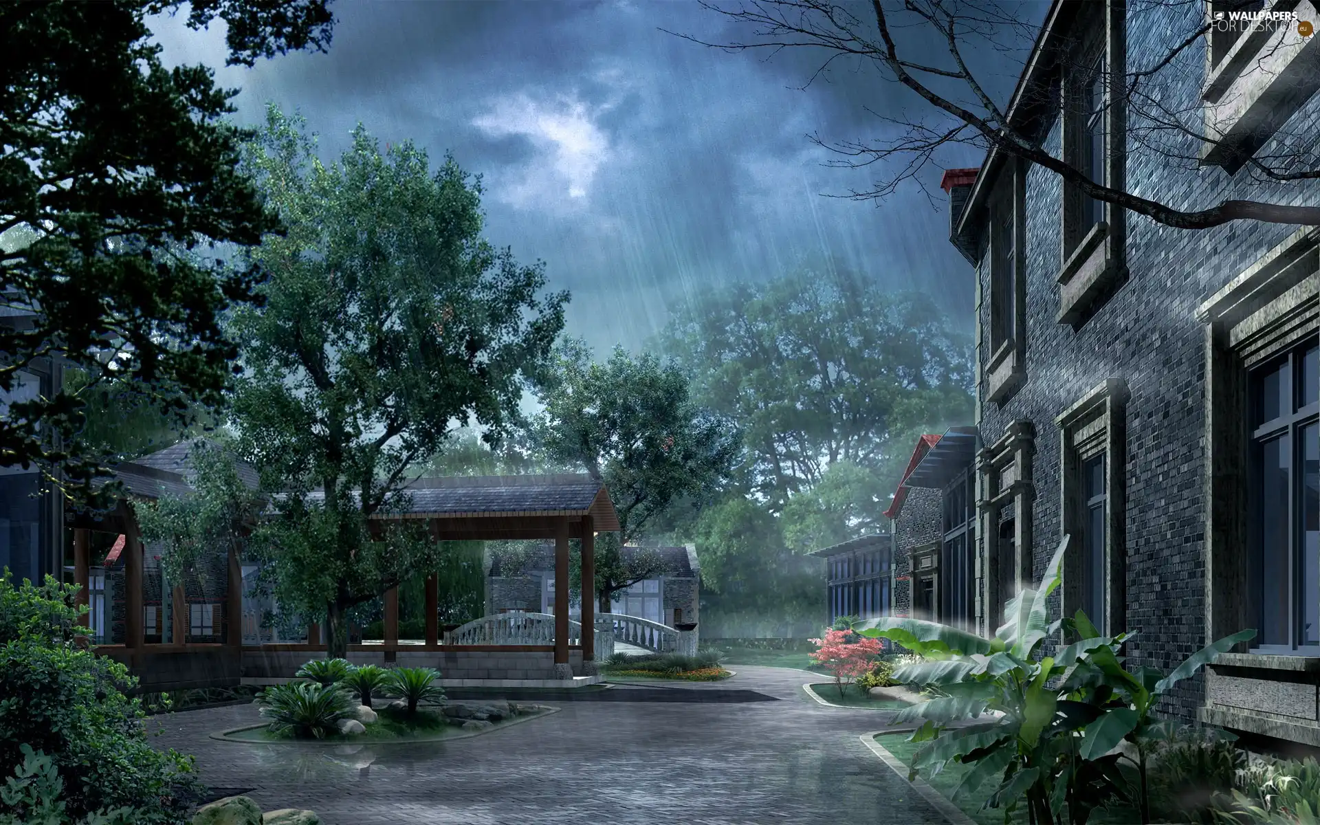 Sidewalks, Rain, trees, viewes, buildings