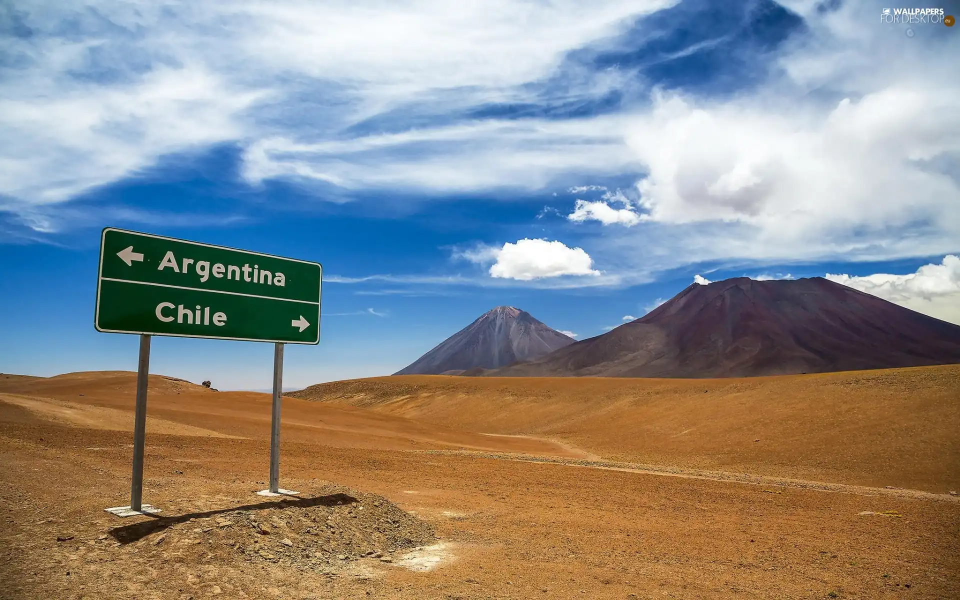 Desert, clouds, Sign, Mountains