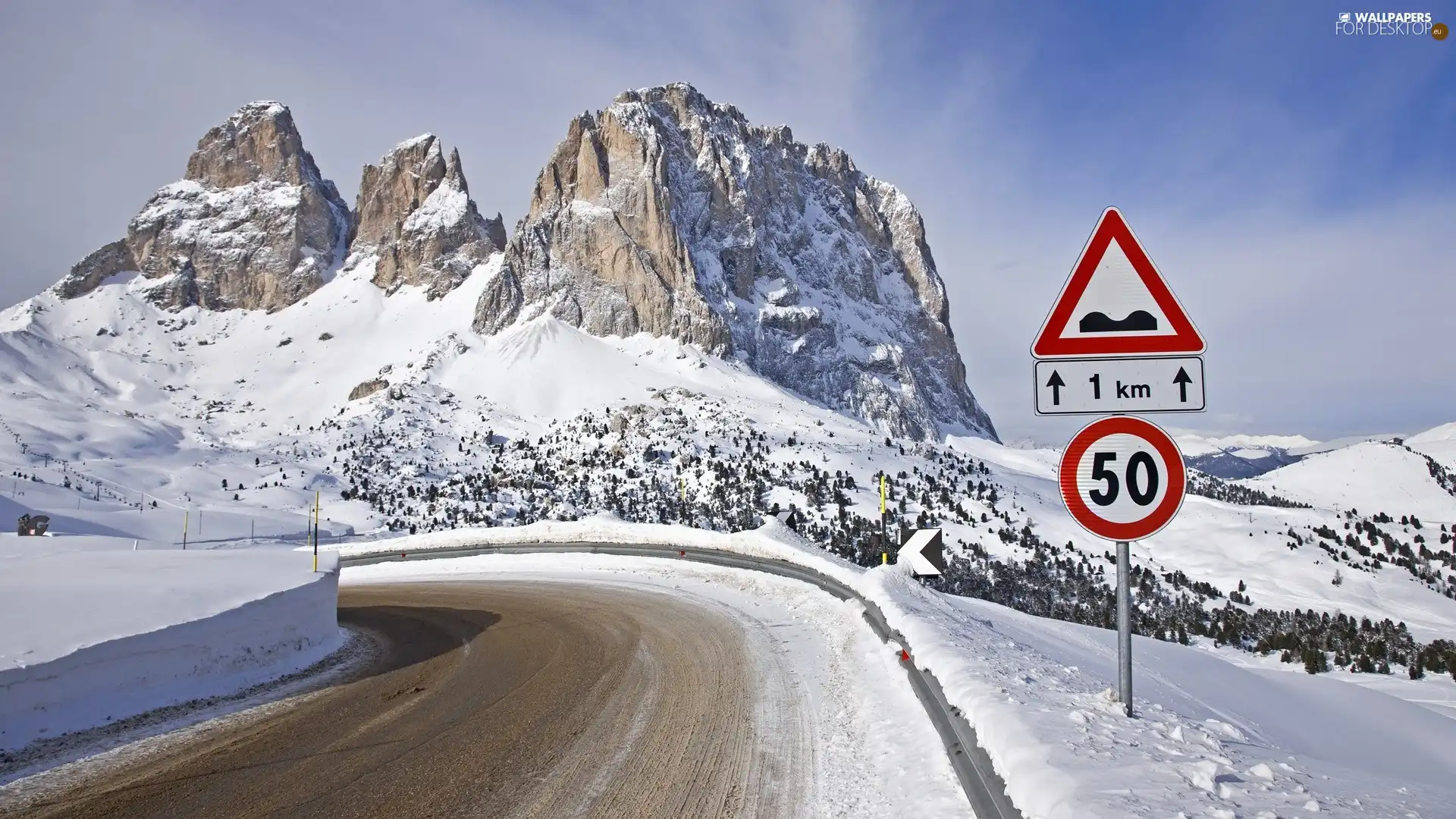 Sign, road, turn, Mountains, Way