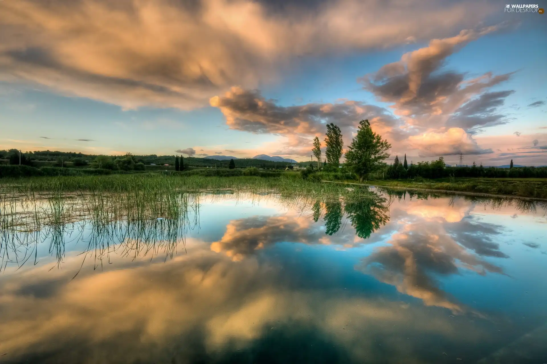 Sky, clouds, trees, viewes, lake