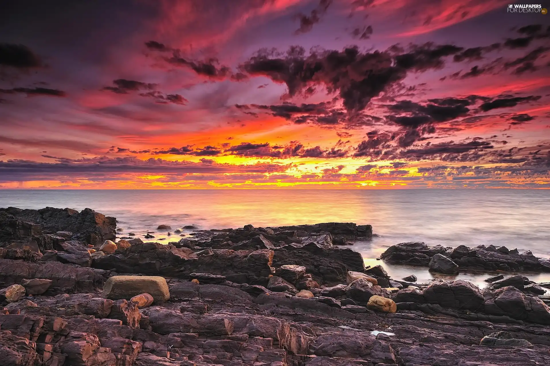 Seashore, west, Sky, clouds, rocks, Sun