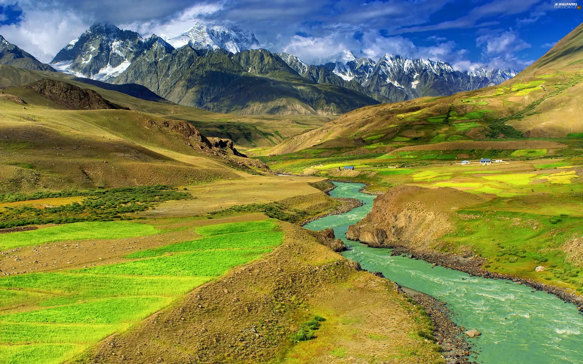 Mountains, brook, Sky, Valley