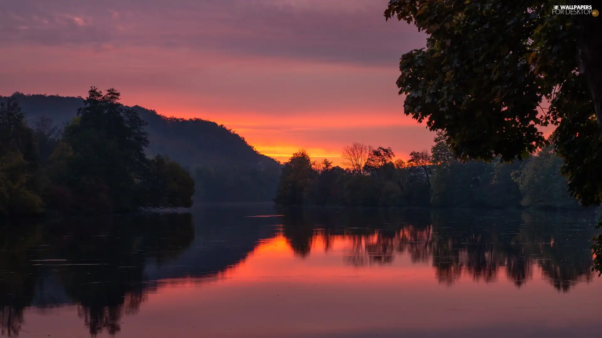 viewes, lake, Red, Sky, Great Sunsets, trees