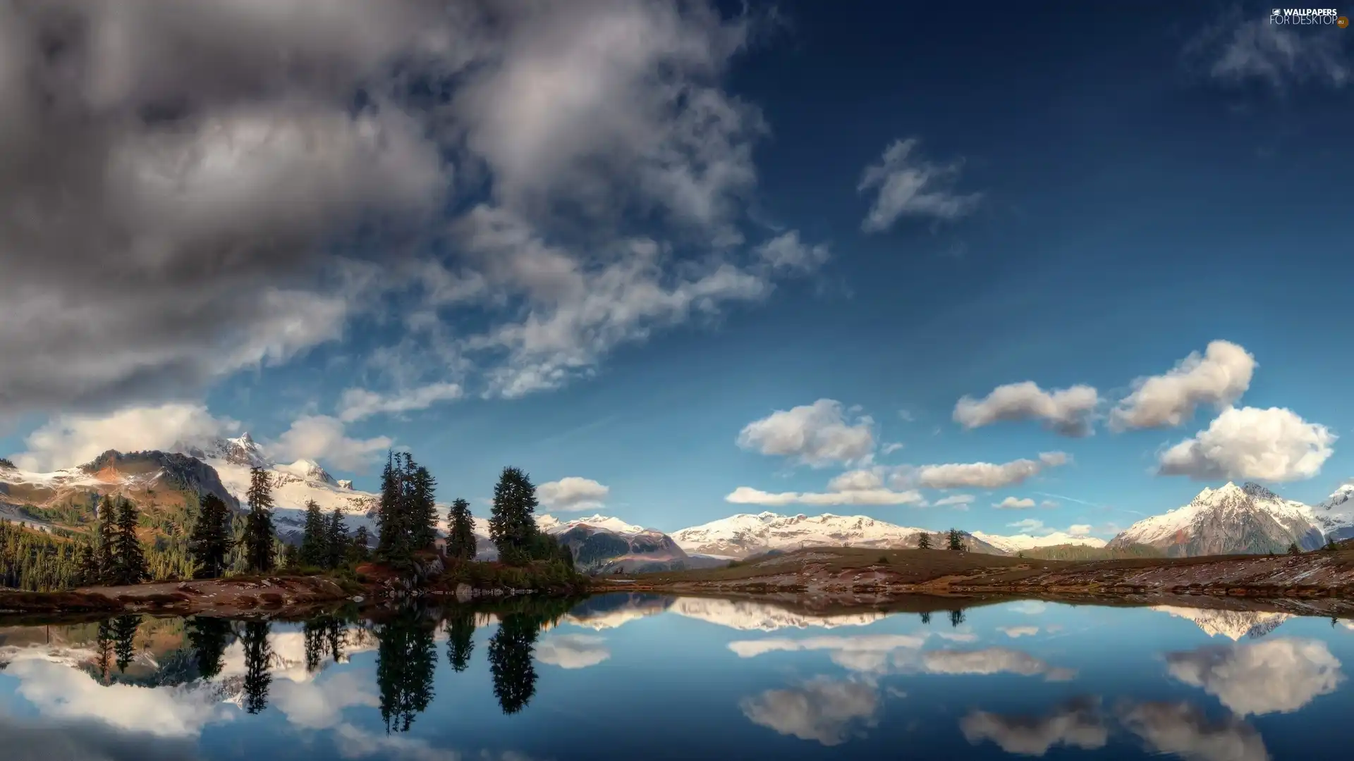 viewes, Mountains, clouds, trees, lake, Sky, reflection