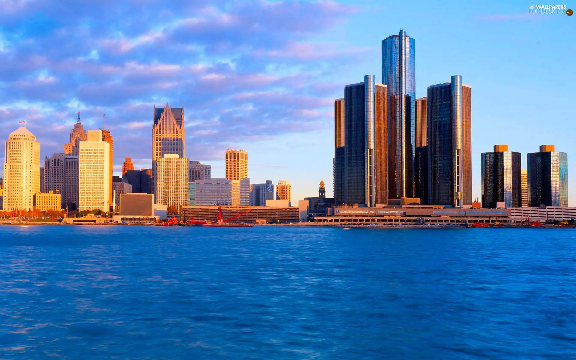 skyscrapers, sea, Sky, clouds