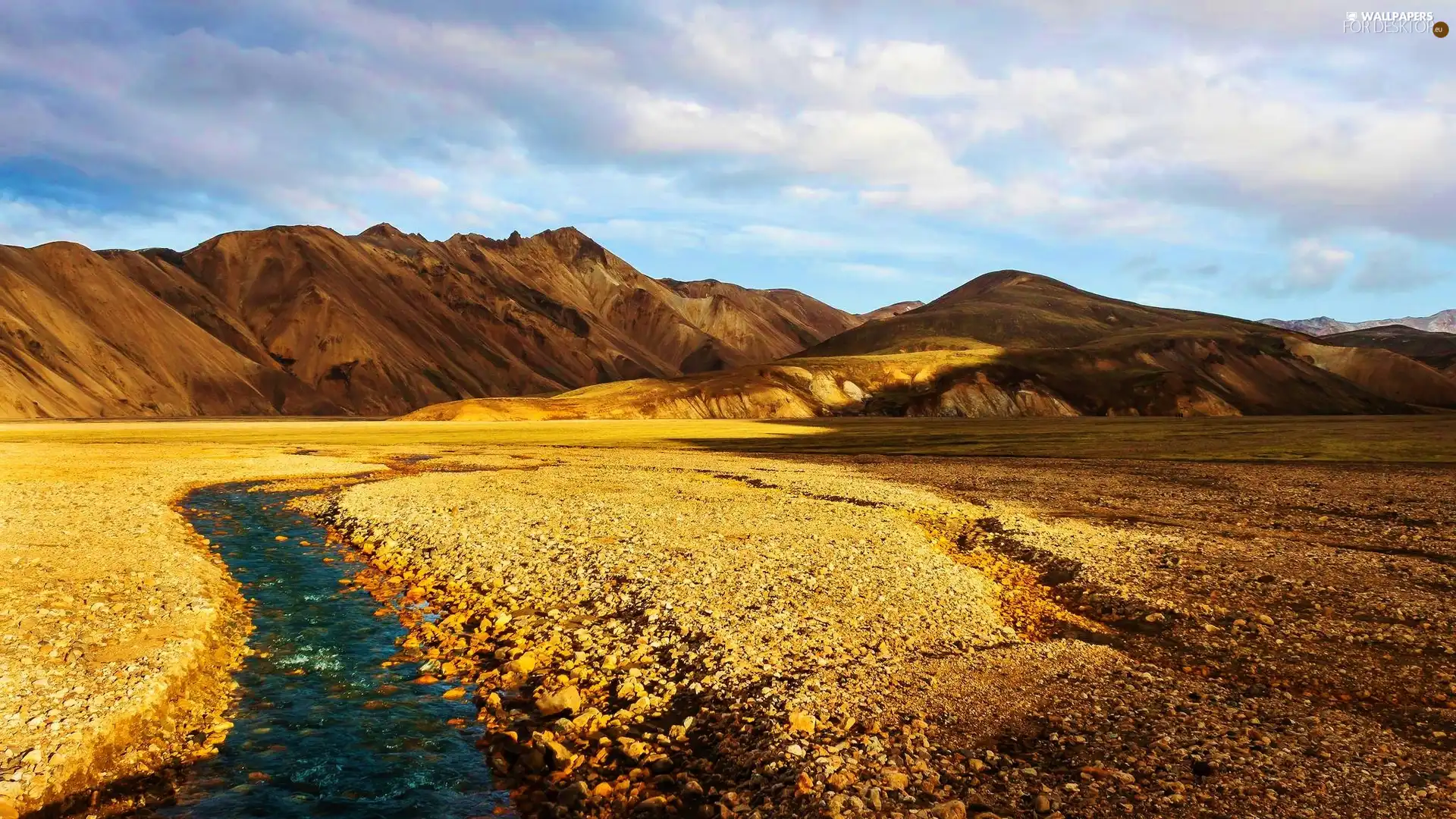 stream, Mountains, Sky, Stones