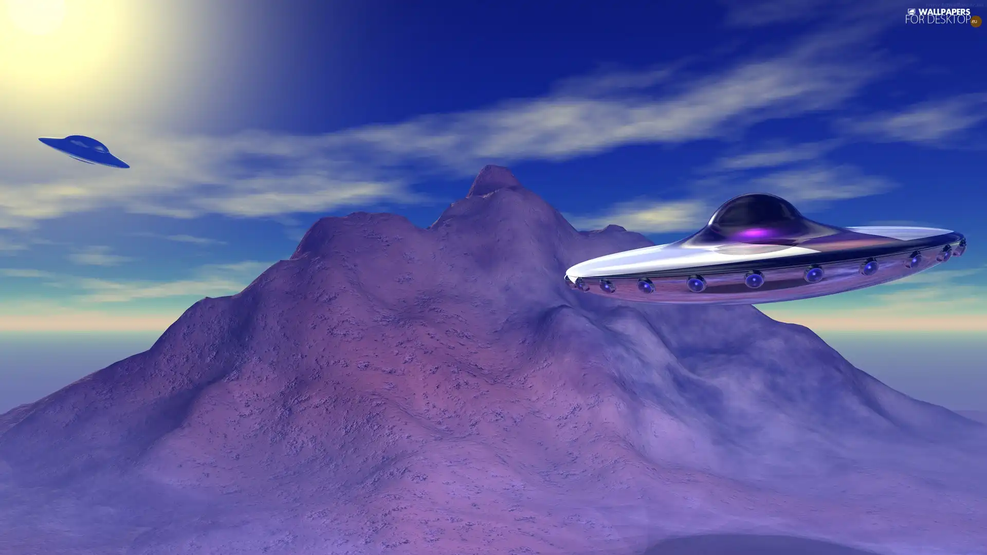 ufo, sun, Sky, mountains