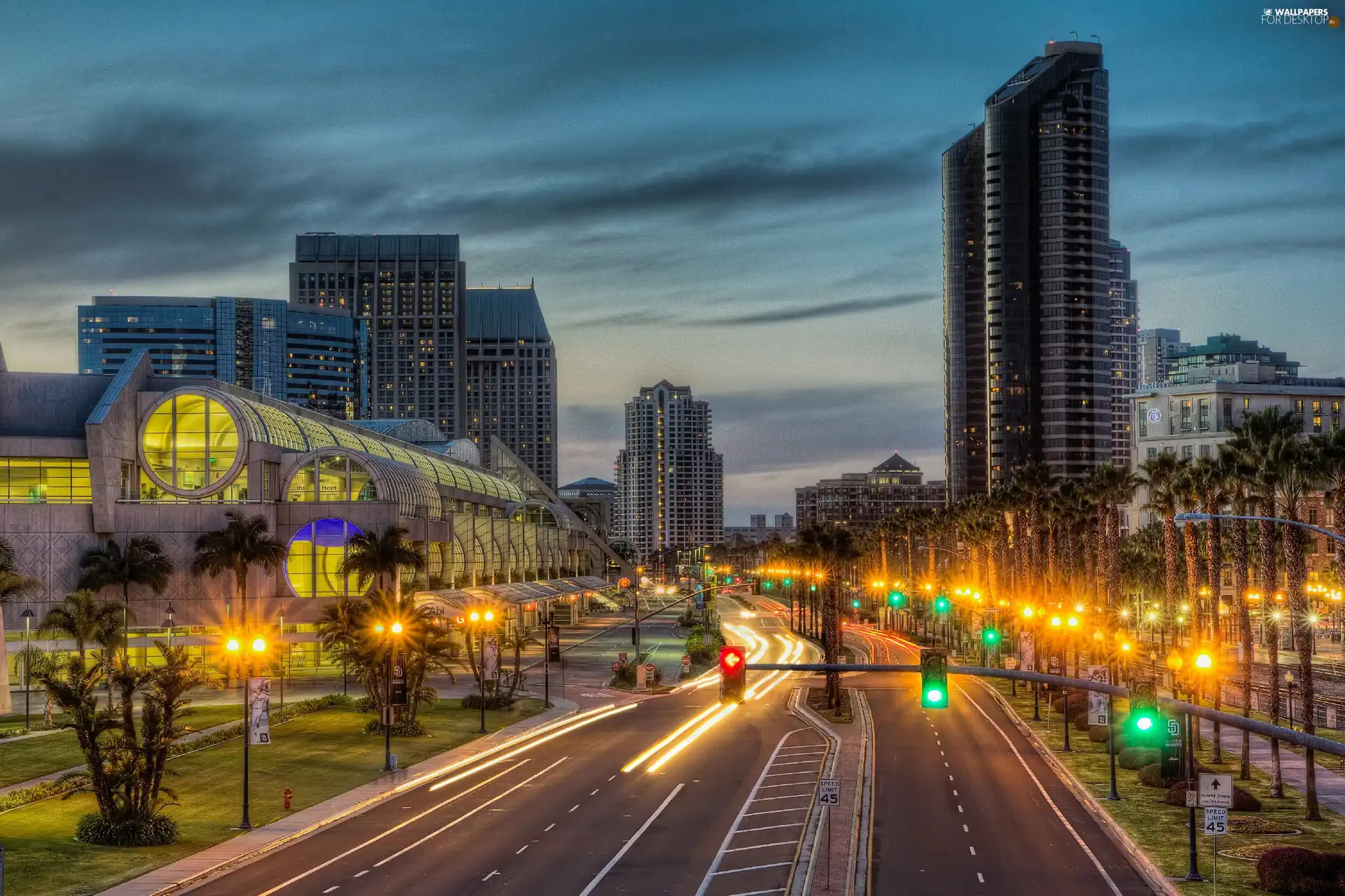 night, San, skyscrapers, clouds, Way, Diego