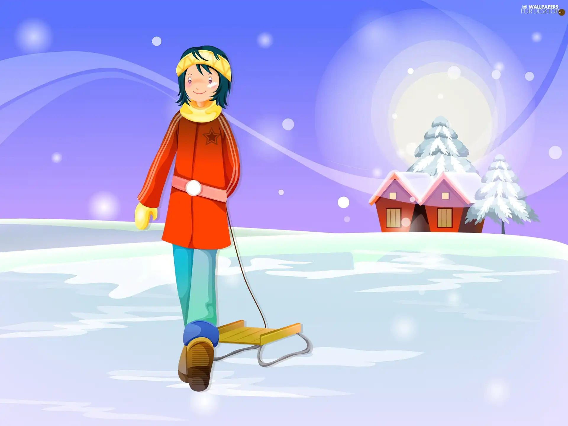 sledge, graphics, snow, girl, winter