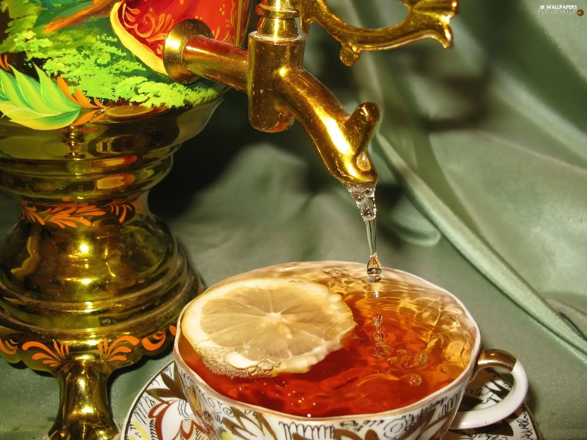 slice, lemons, cup, tea, samovar