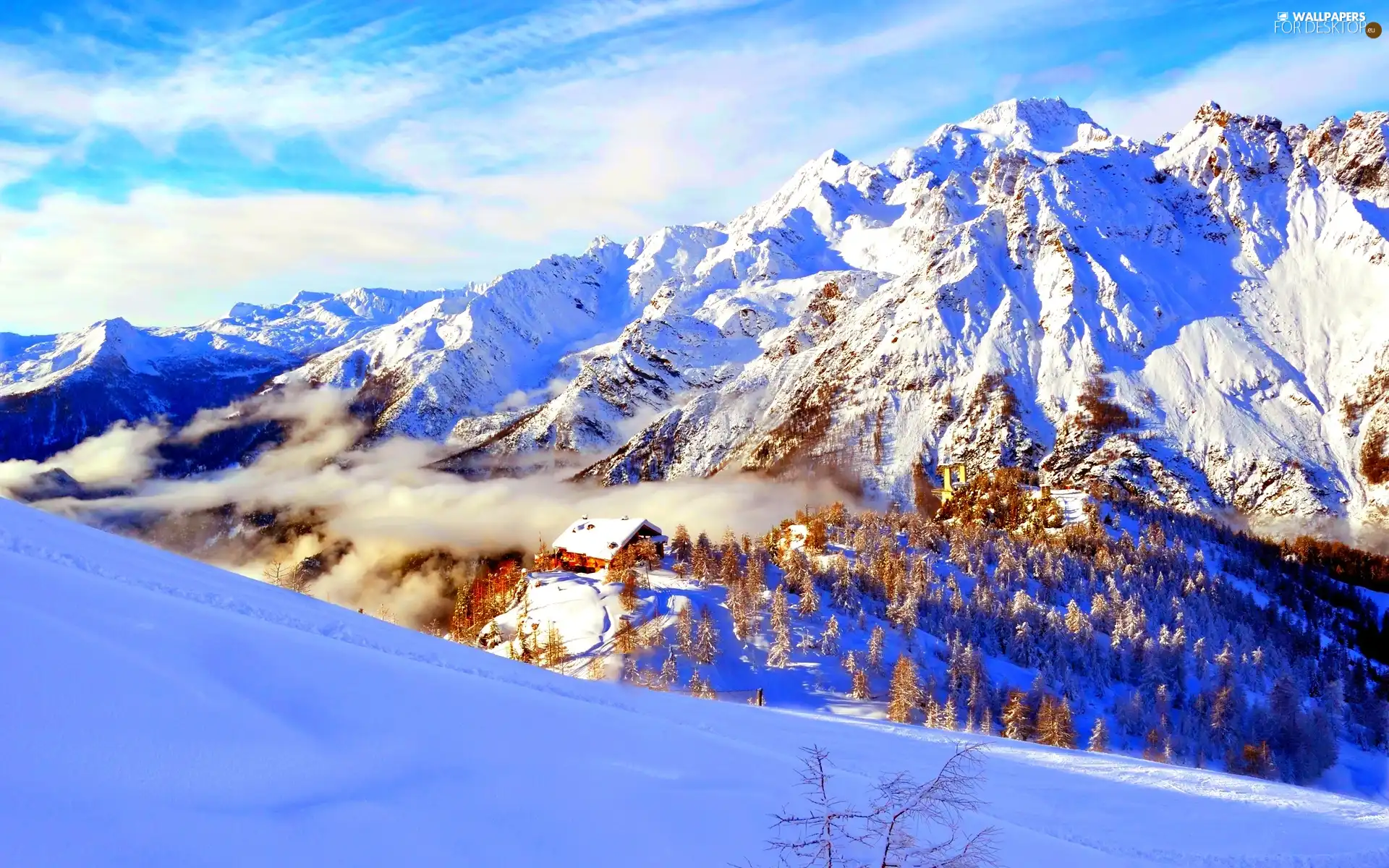 winter, house, slope, Mountains