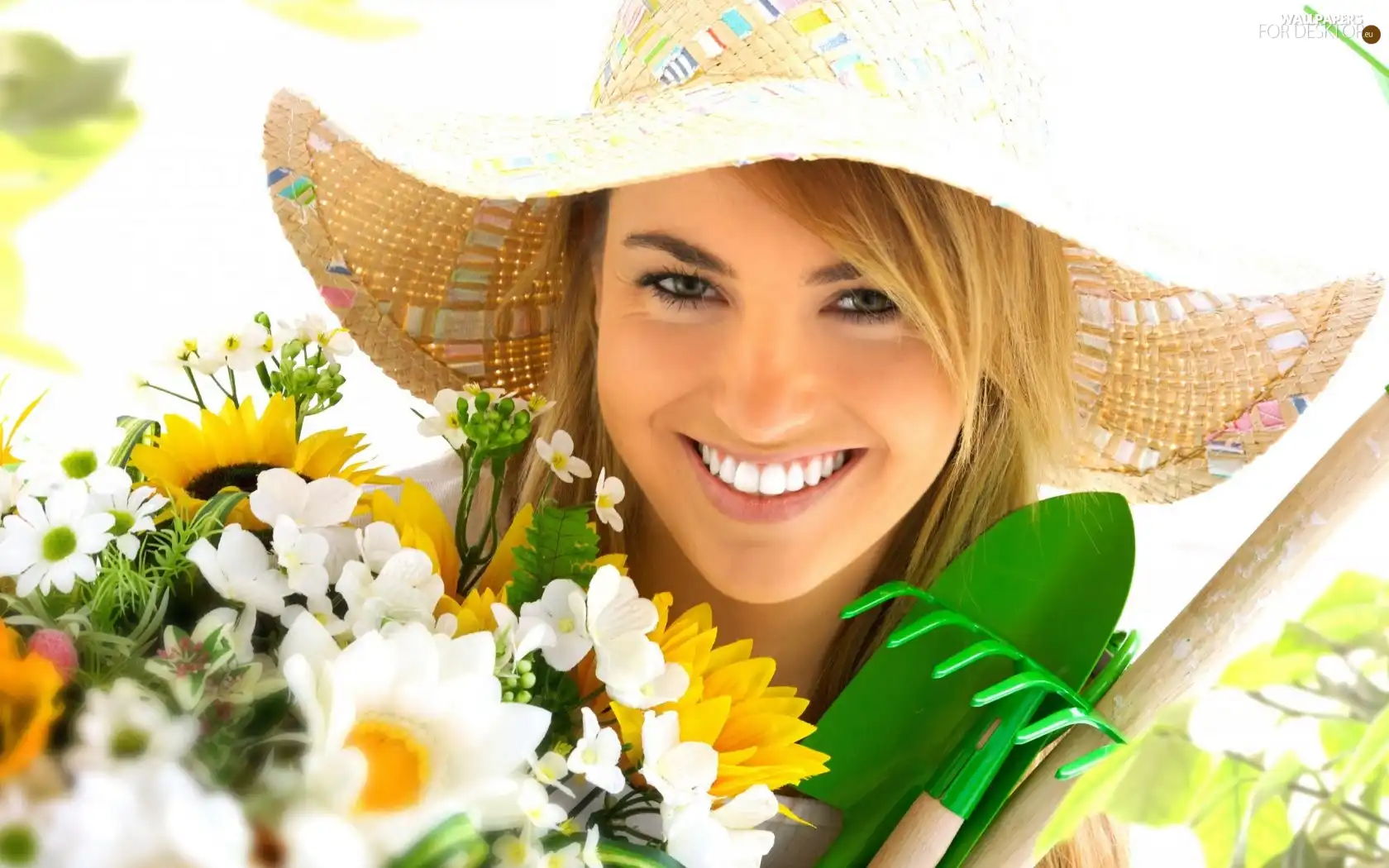 Blonde, Flowers, Smile, Hat