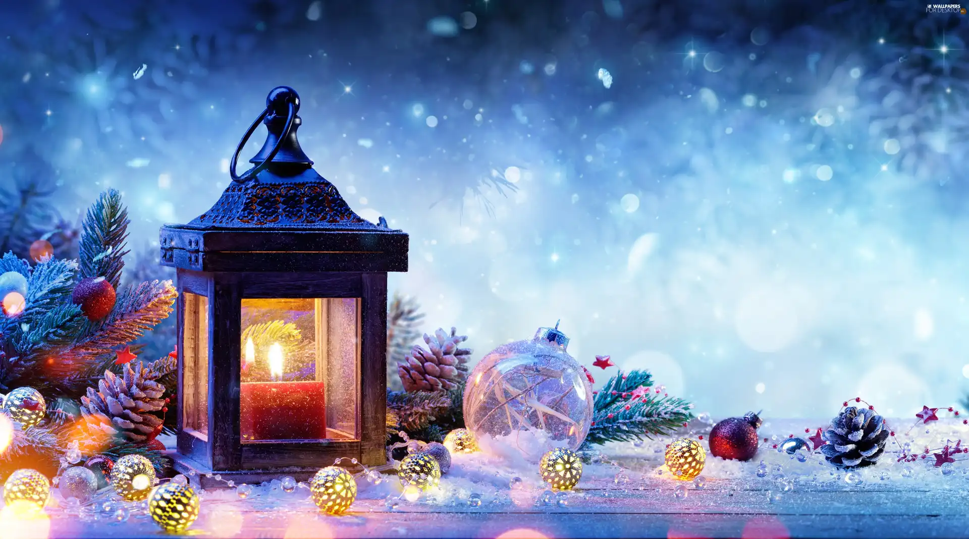 lantern, composition, snow, Christmas, baubles, Christmas