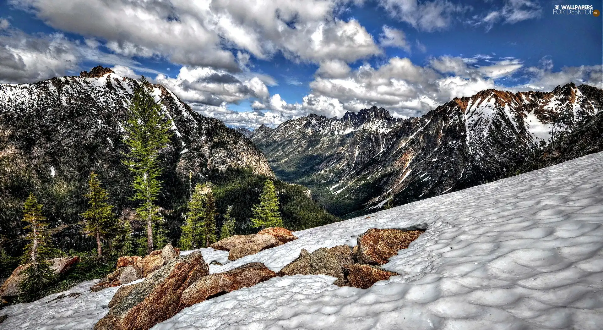 snow, Mountains, clouds