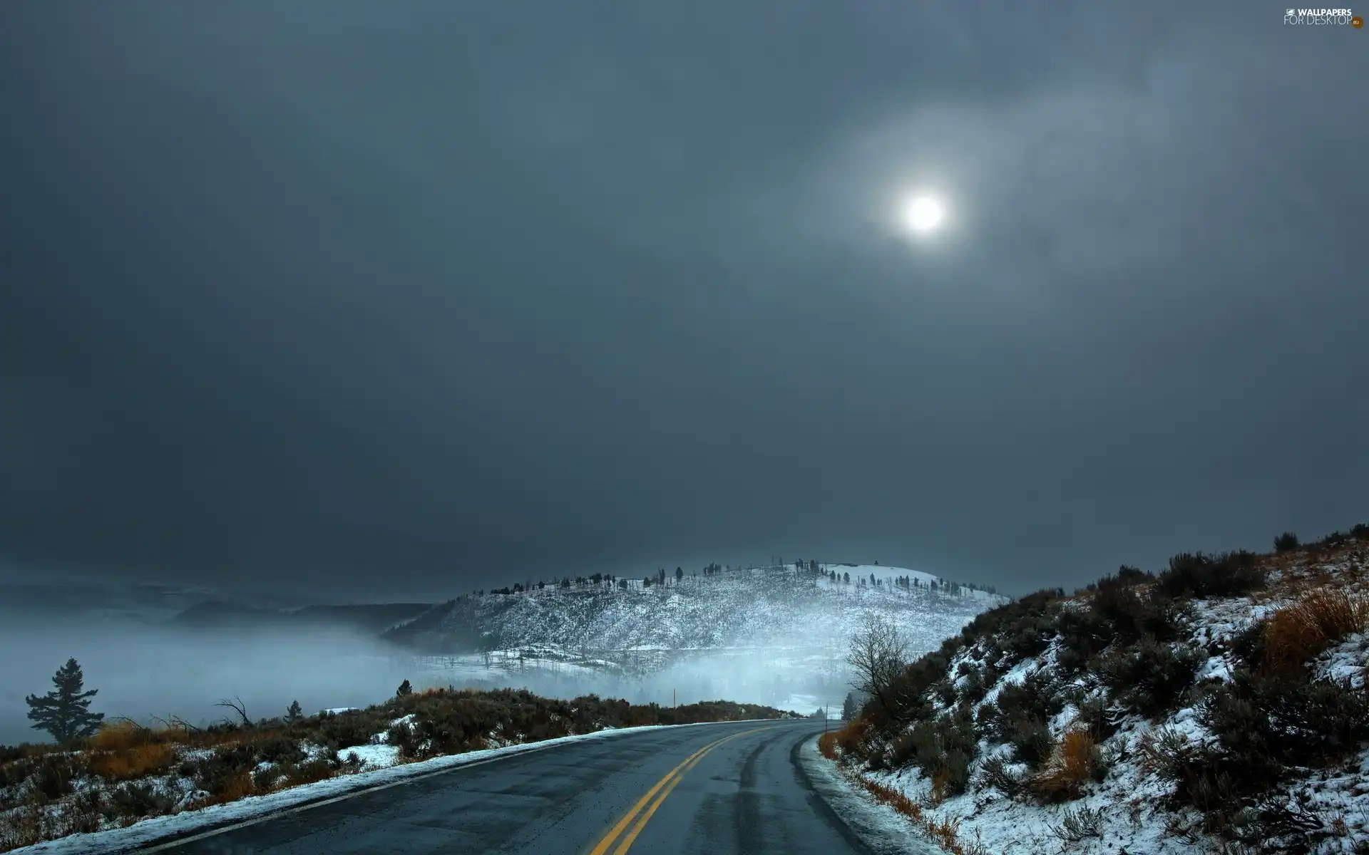 moon, Mountains, snow, Way