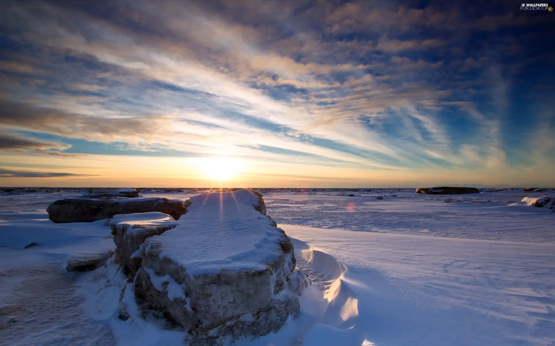 snow, winter, sun, Stones rocks, west