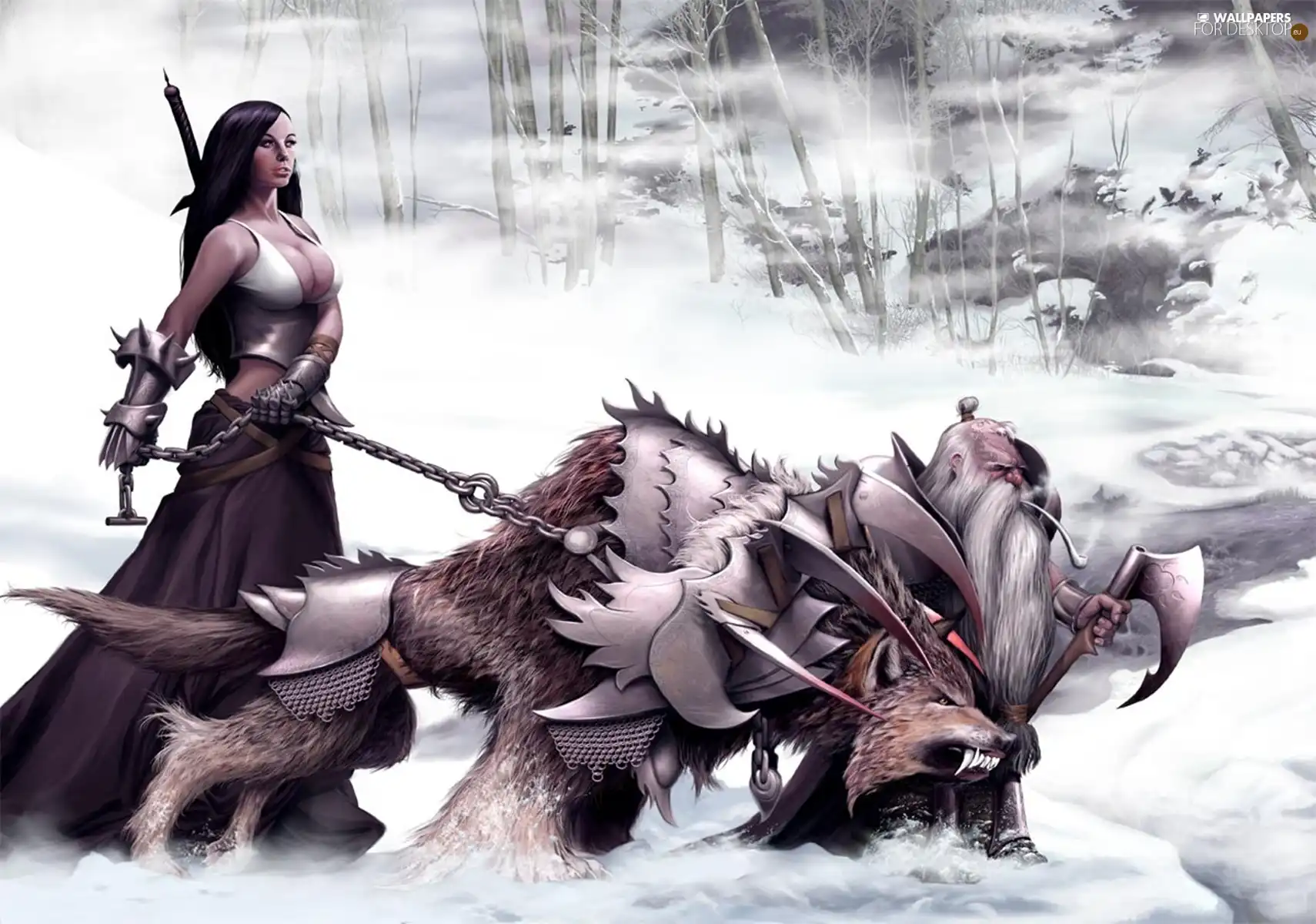 snow, Women, Wolf