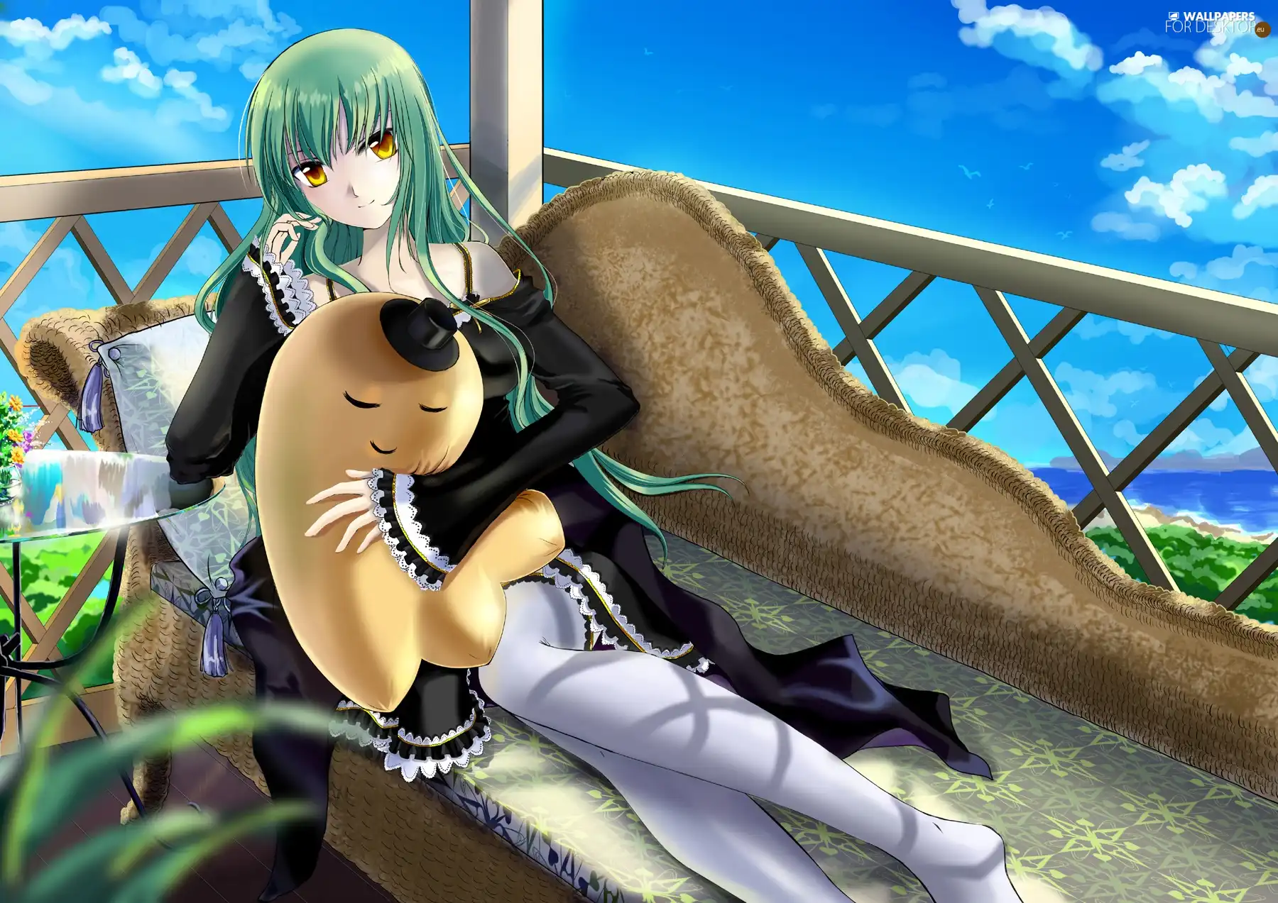 girl, Hair, Sofa, green ones