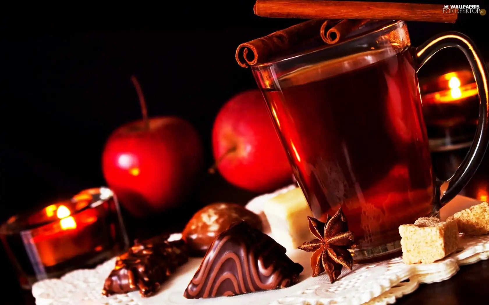 apples, cup, spice, blur, Candies, tea