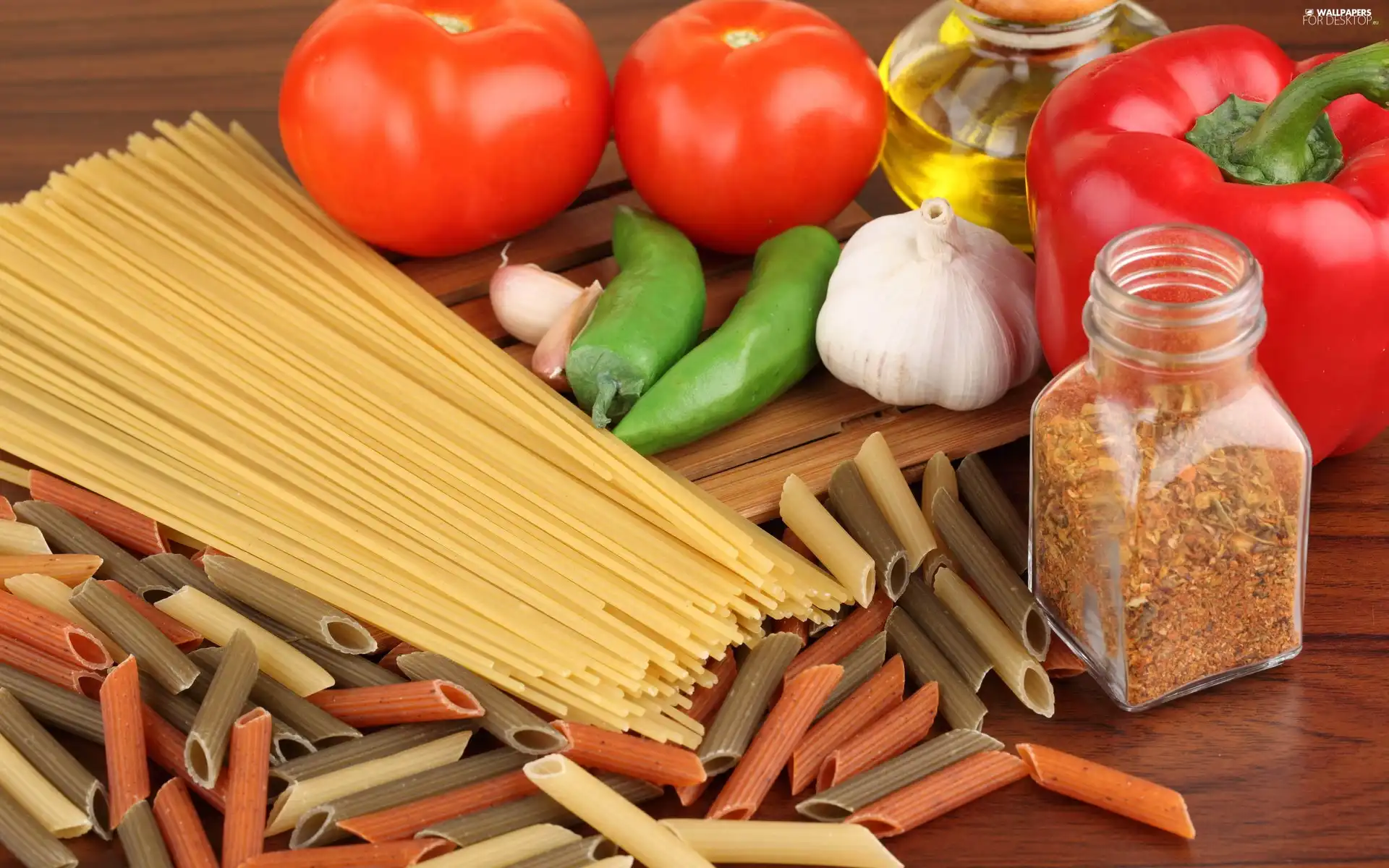 Pasta, pepper, spice, tomatoes
