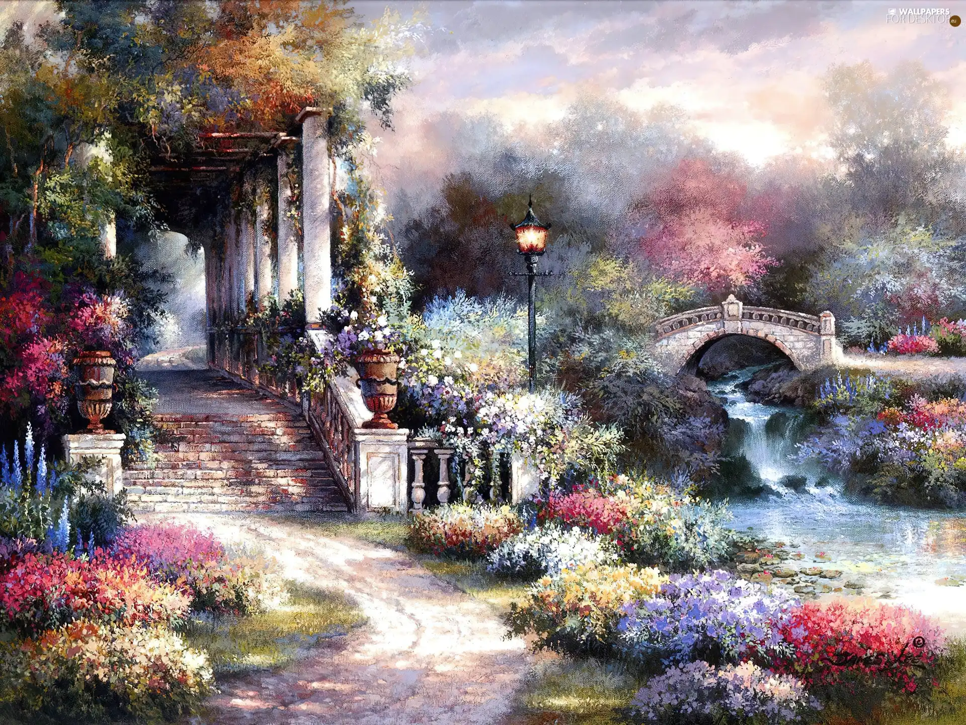 brook, picture, Flowers, James Lee, Stairs, bridges