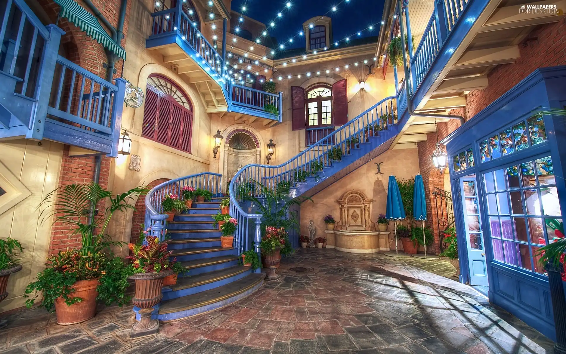 house, Flowers, Stairs, patio