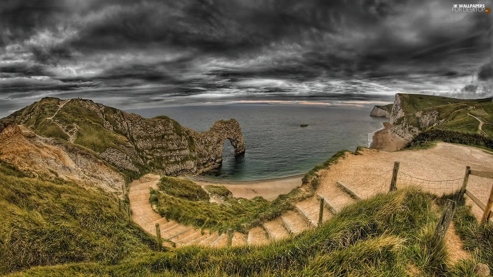 Stairs, clouds, sea