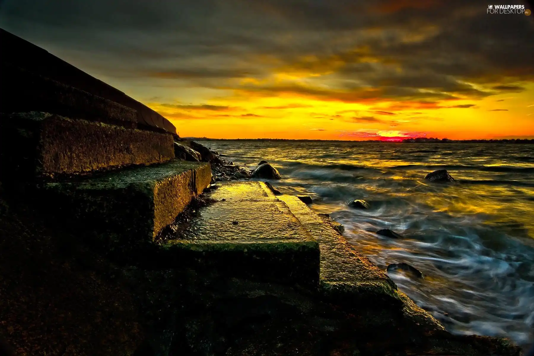 sea, sun, Stairs, west