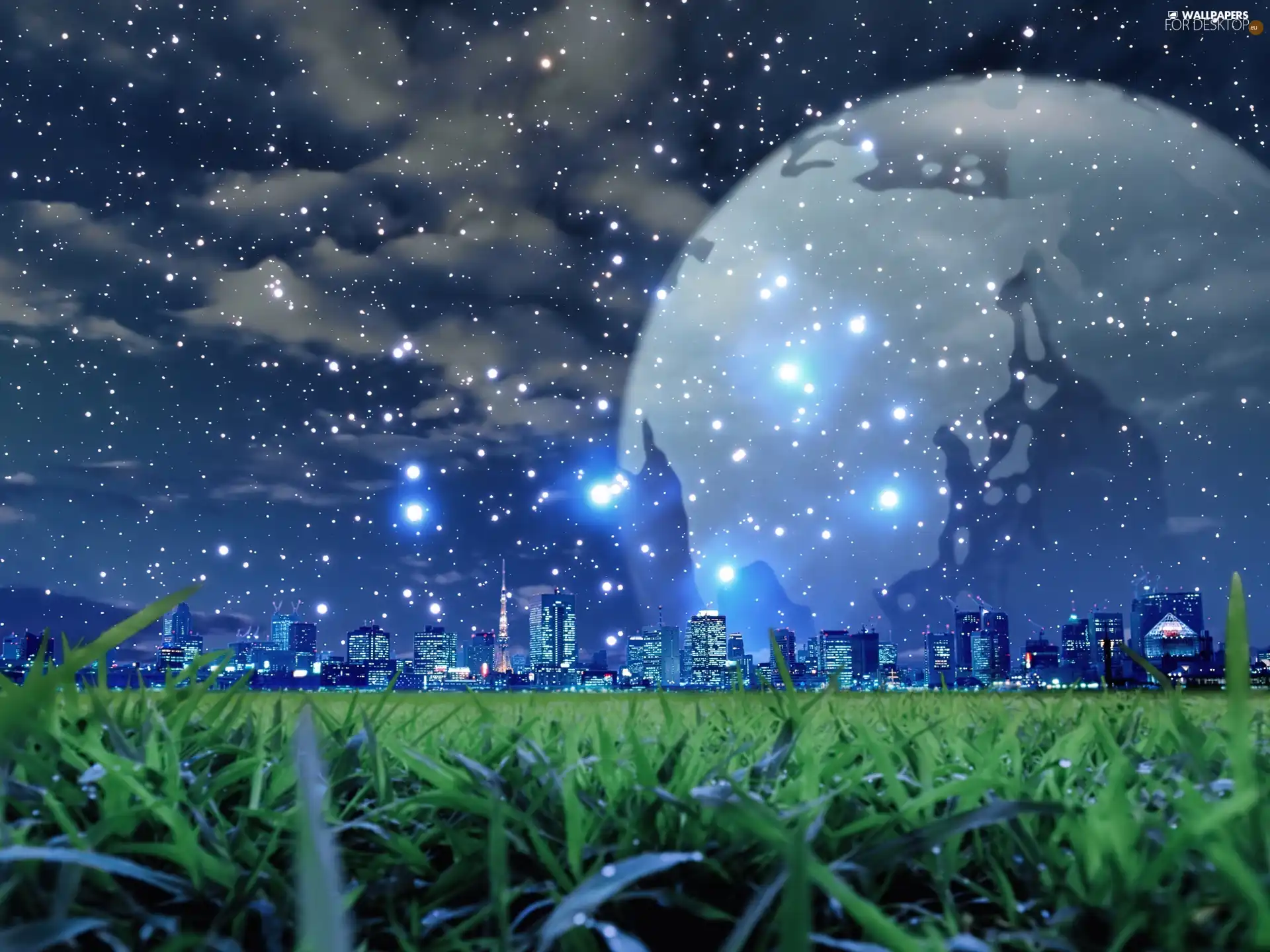 Town, grass, star, buildings