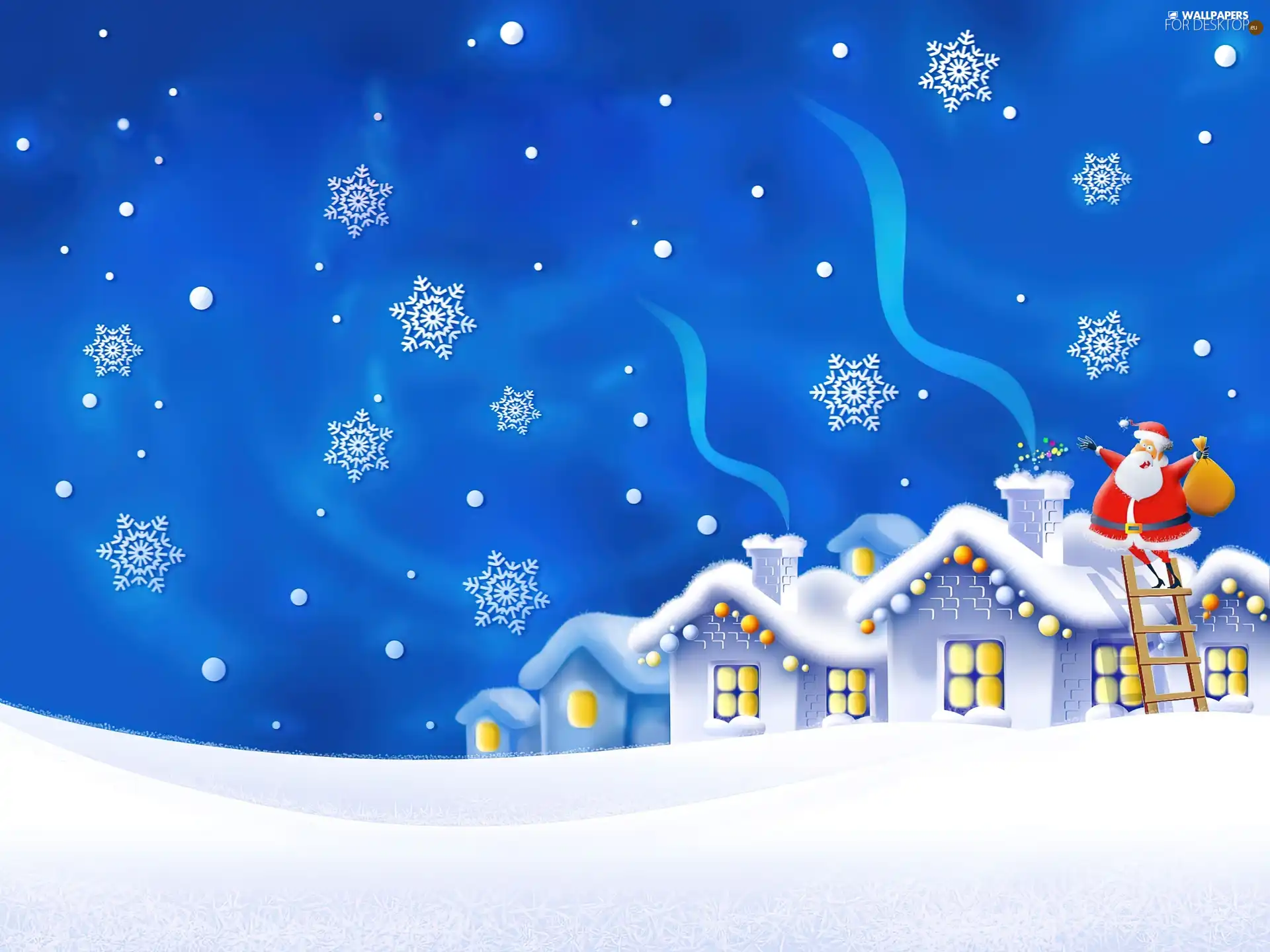 Santa, snow, Stars, Houses