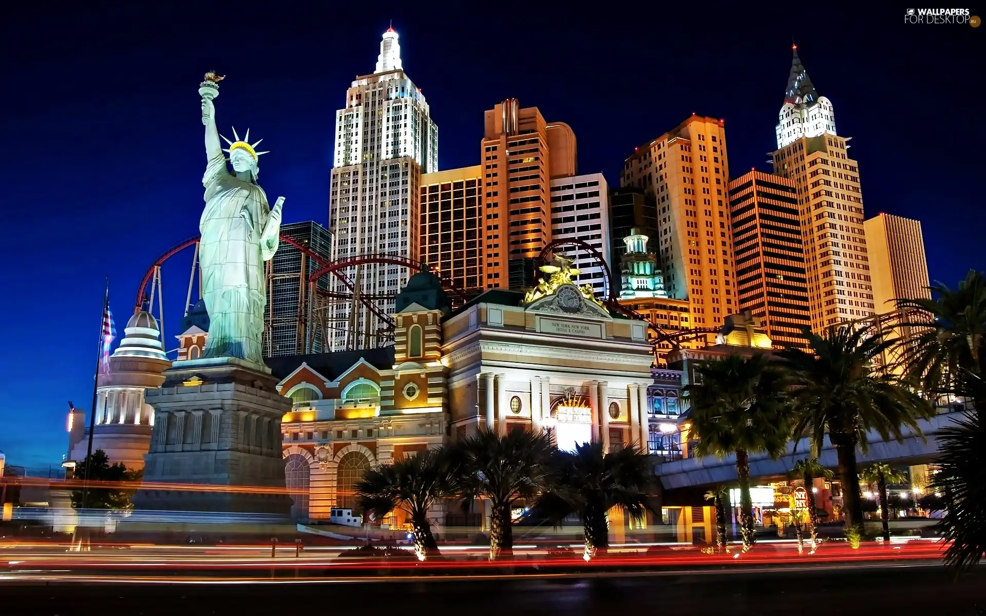 freedom, casino, clouds, statue, Hotel hall, skyscrapers, City at Night