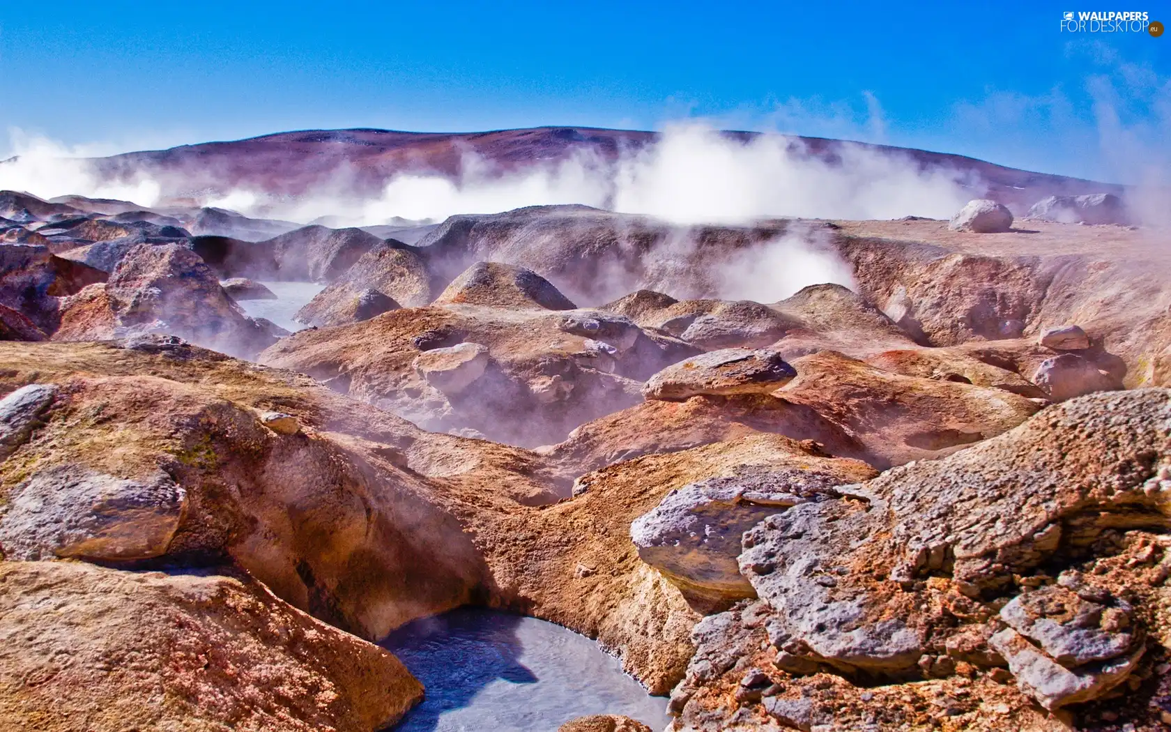 Steam, rocks, water