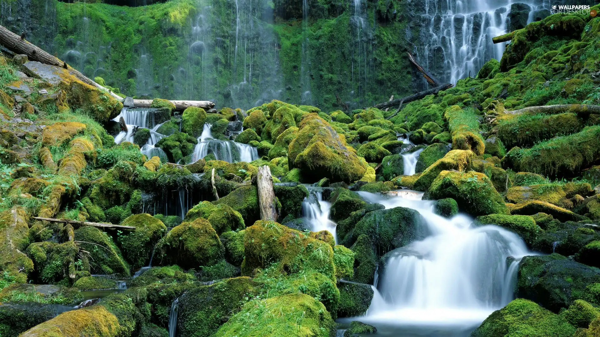 Stones, waterfall, mossy