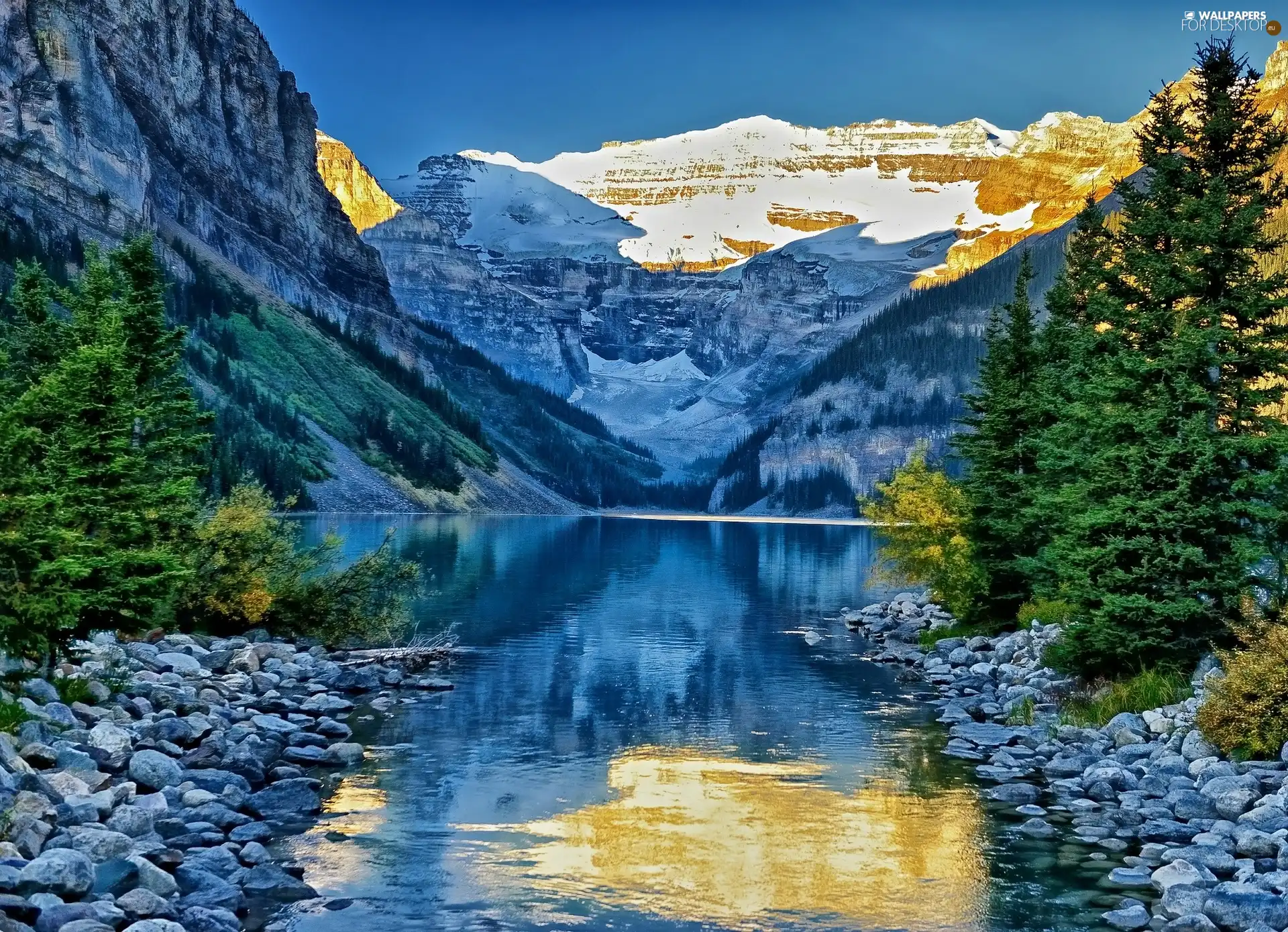 Mountains, forest, Stones, lake