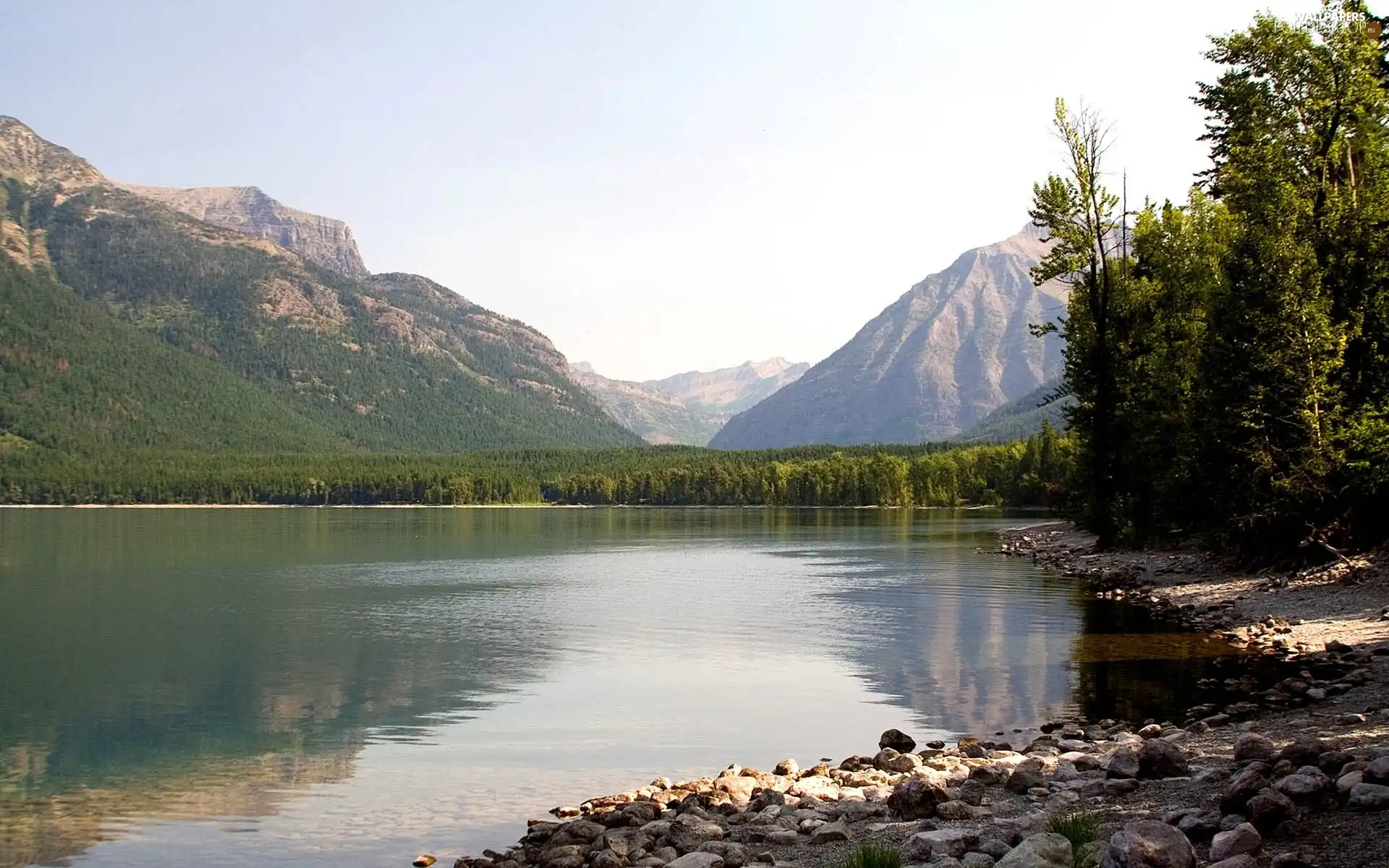 Mountains, lake, Stones, woods