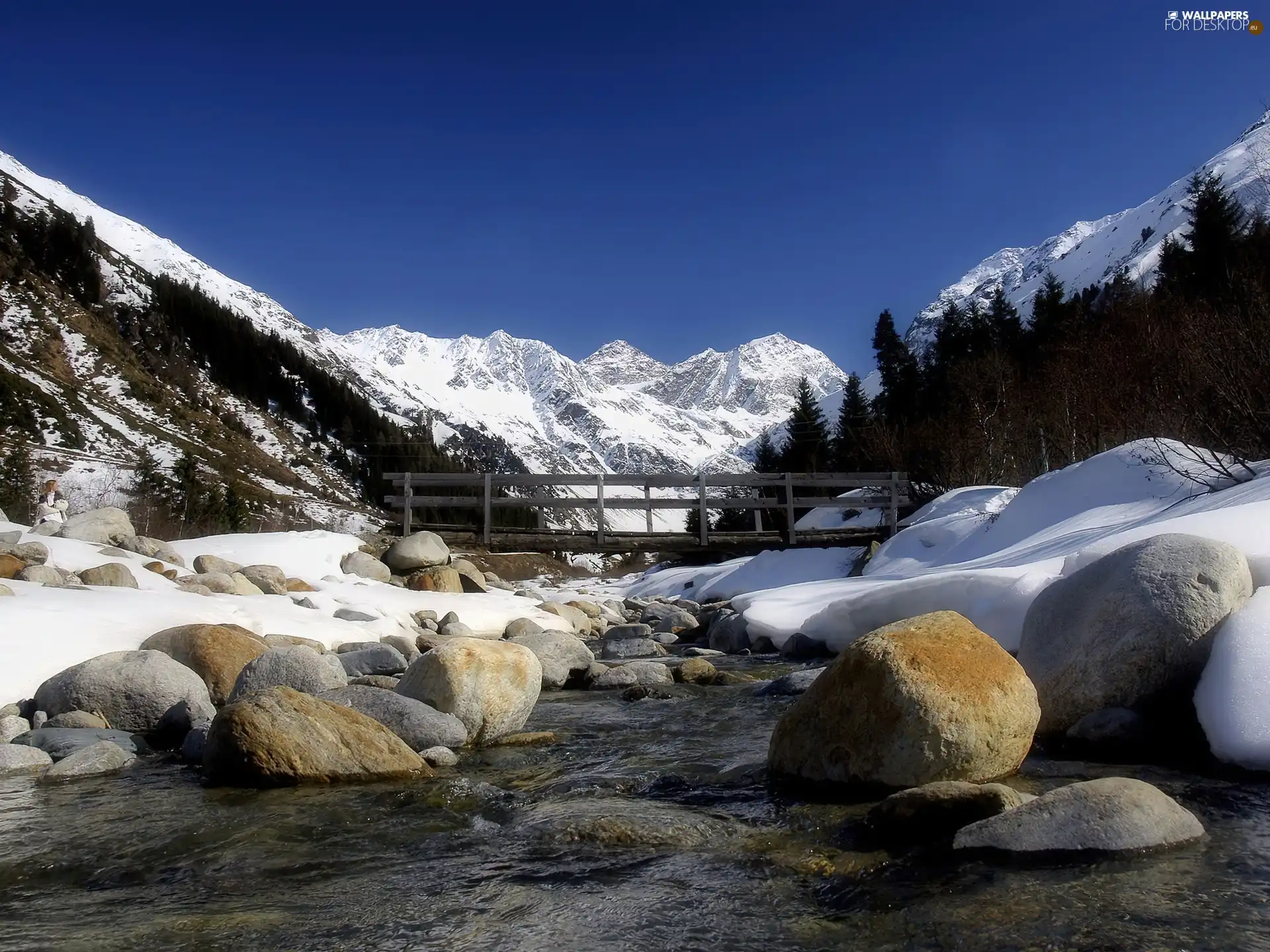 Mountains, stream, Stones, bridges