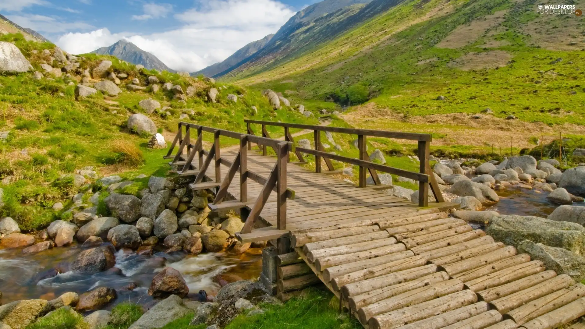 Stones, Mountains, bridges, River, wooden